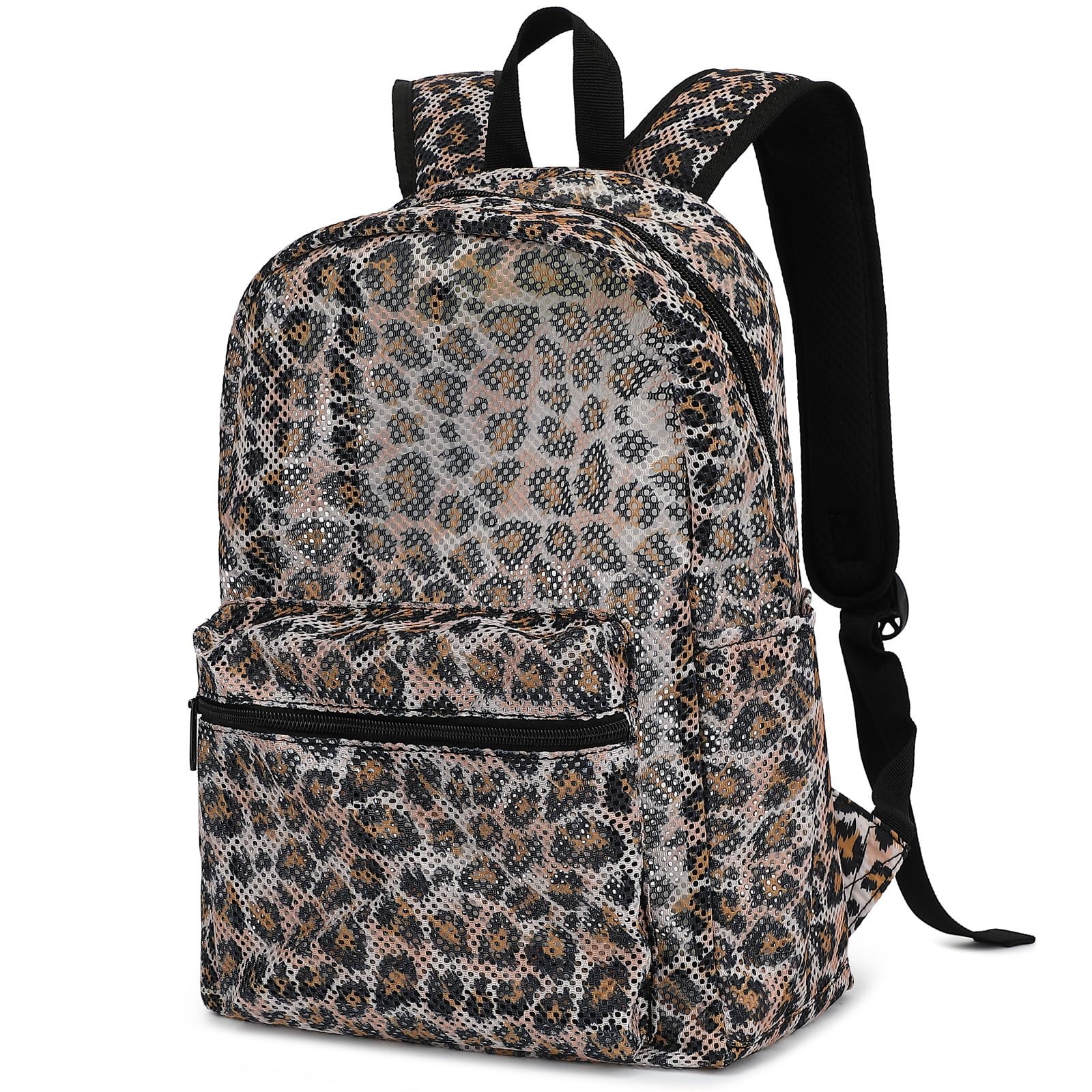 Kouxunt Leopard Mesh Backpack for Girls Women, See Through Casual School College Student Bookbag