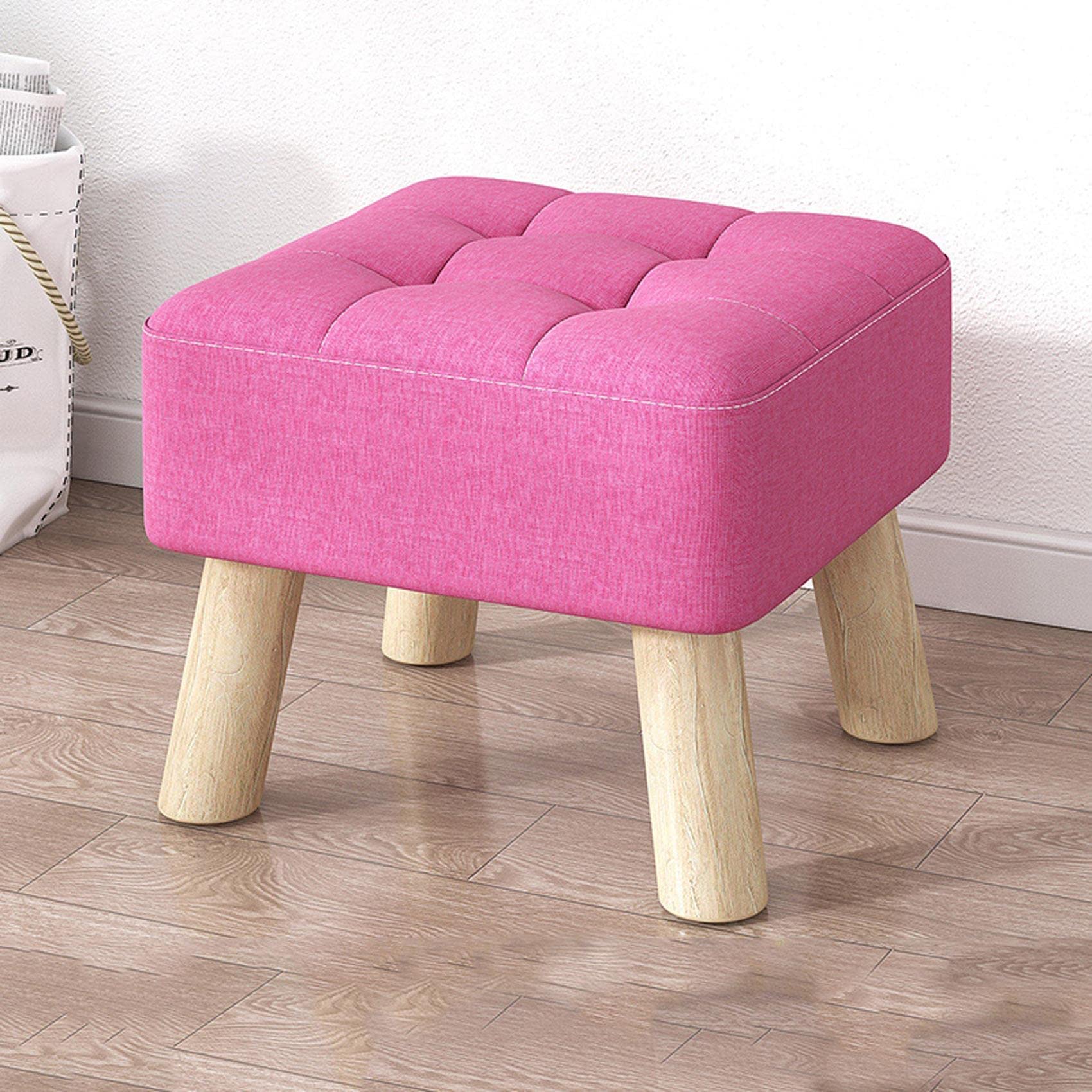 LMMIAOZ Linen Footstool with Wood Legs for Living Room and Bedroom Rose Red (30x30x26cm)