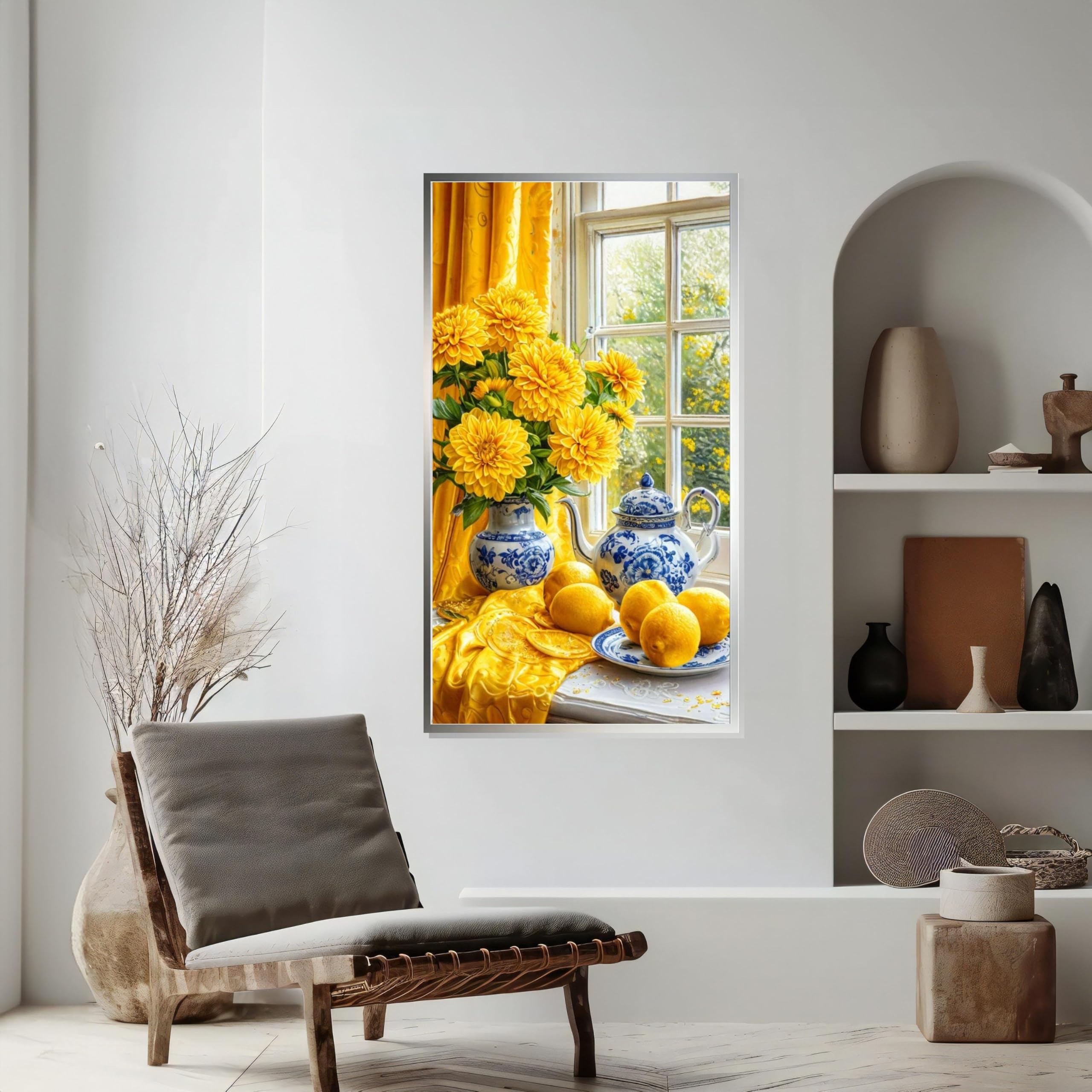 CAOXTART Obraz z żółtymi kwiatami, niebieski obraz na płótnie z Chin, jasna kwiatowa sztuka ścienna, cytryny martwa natura, plakat i wydruki, wystrój pokoju (65 x 120 cm/rama wewnętrzna)