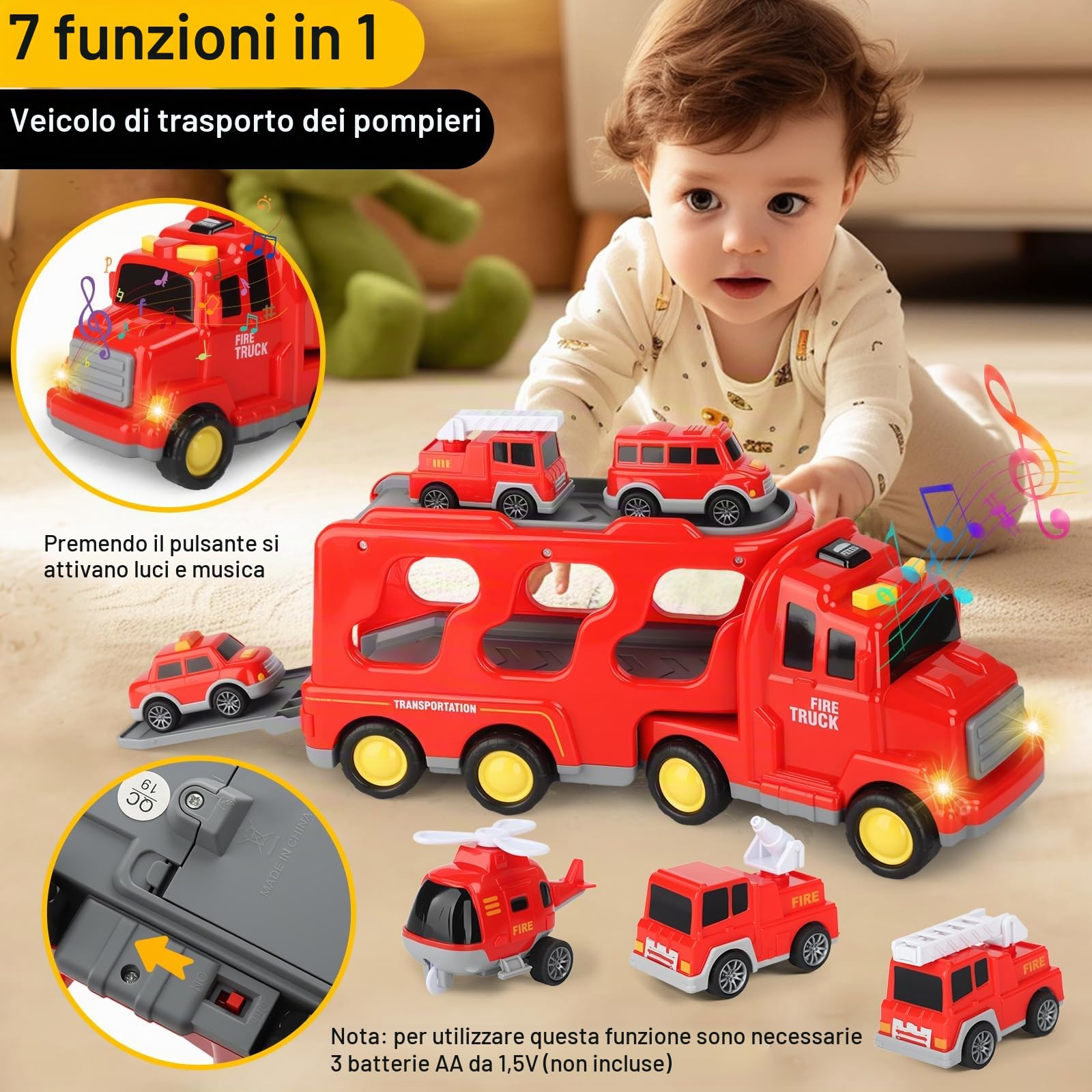 Camion Macchinine Bambini,7-in-1 Camion Pompieri Giocattolo,Camion da Trasporto avec Luci e Suoni,Auto Giocattolo ad Inerzia,2 Adesivi a Tema Auto,Regalo per Bambino 2-6 Anni