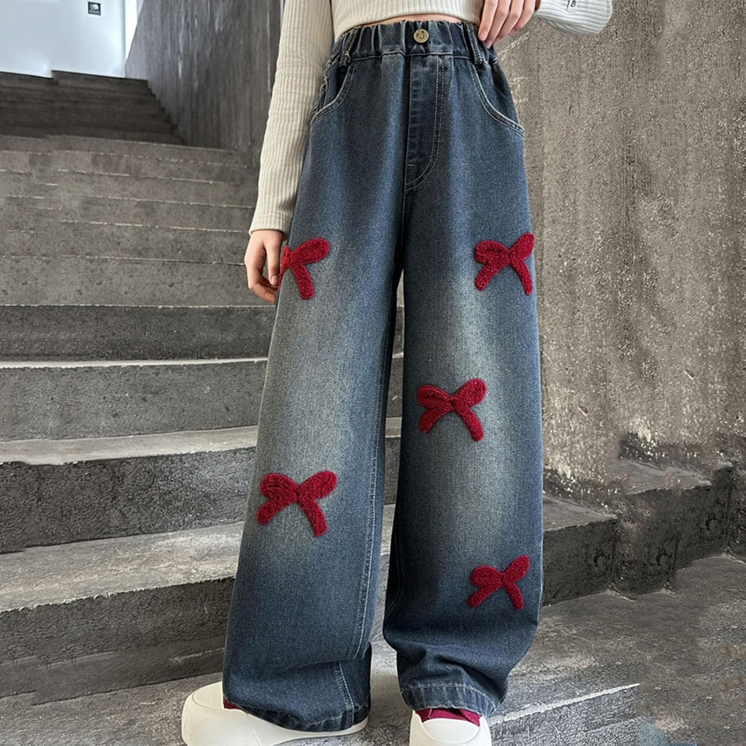Kids Bow Embroidered Wide Leg Jeans Casual Stretchy Streetwear Elastic Waist Denim Pants for 5-15 Years with Pockets