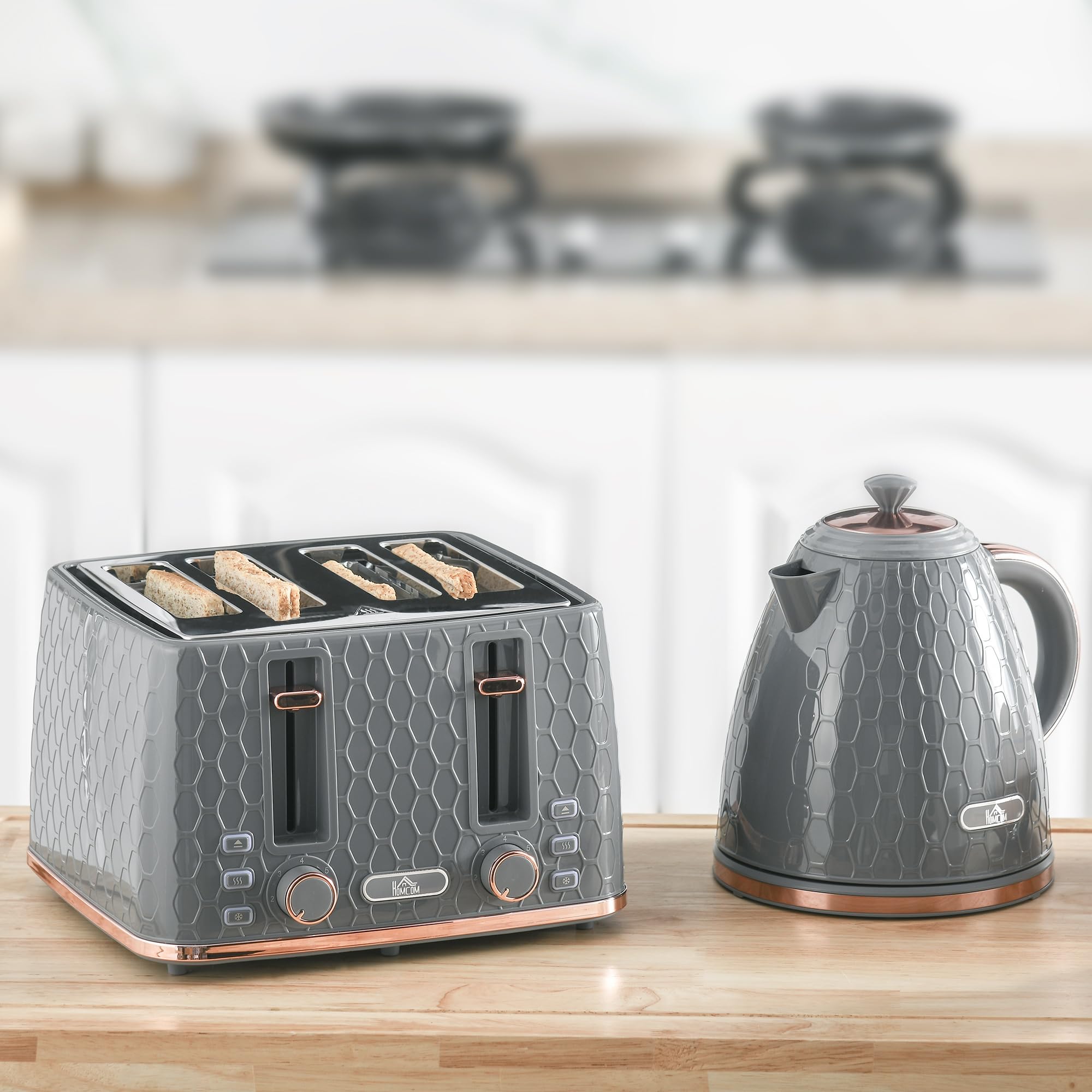HOMCOM Bouilloire Grille-pain Set 1,7L Bouilloire 4 tranches de pain grillé Set petit-déjeuner avec 7 niveaux de brunissage, arrêt automatique, fonction décongélation & réchauffage et compartiment à