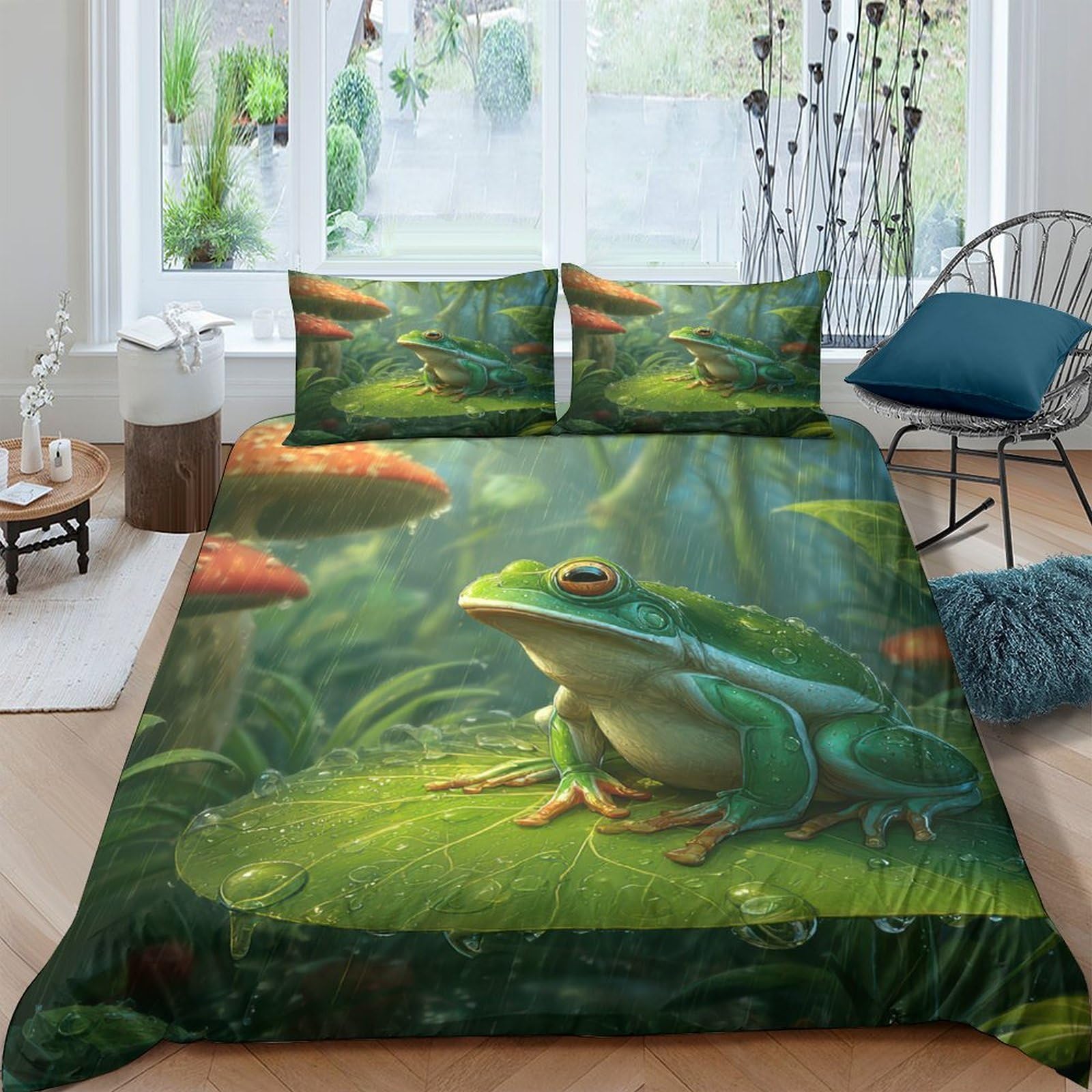 Ctjqhvkz Style-2 3D Printed Forest Frog Fitted Sheet Microfiber Soft Green Mushroom Mattress Cover Anti-Slip For Bedroom Dorm Decorative Single（135X200cm）