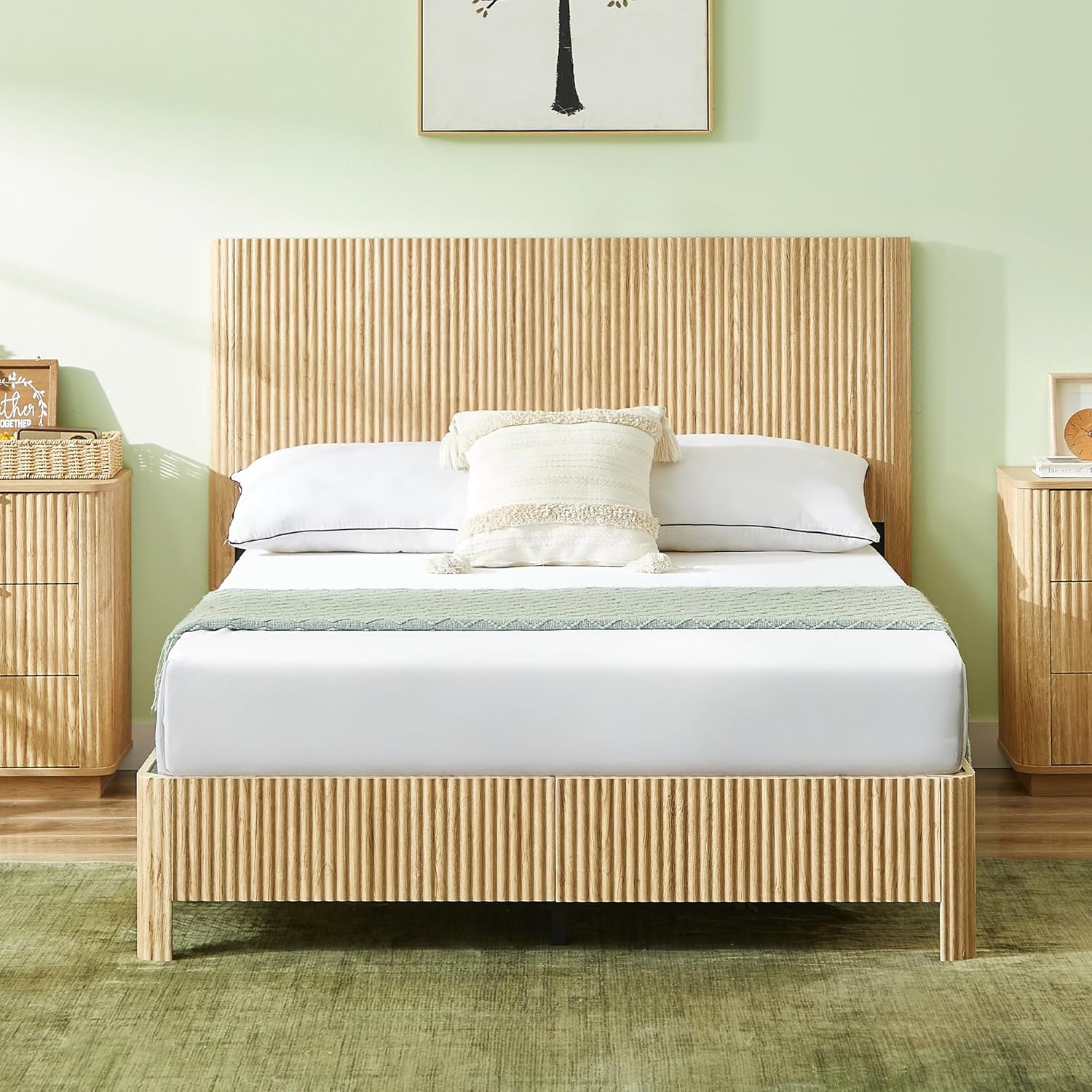 Fluted Wood Full Bed Frame and Headboard, Mid Century Modern Platform Bed Frame, Heavy Duty Metal Support 1000 Lbs Capacity, No Box Spring Needed, Noise-Free, Natural Oak Bed