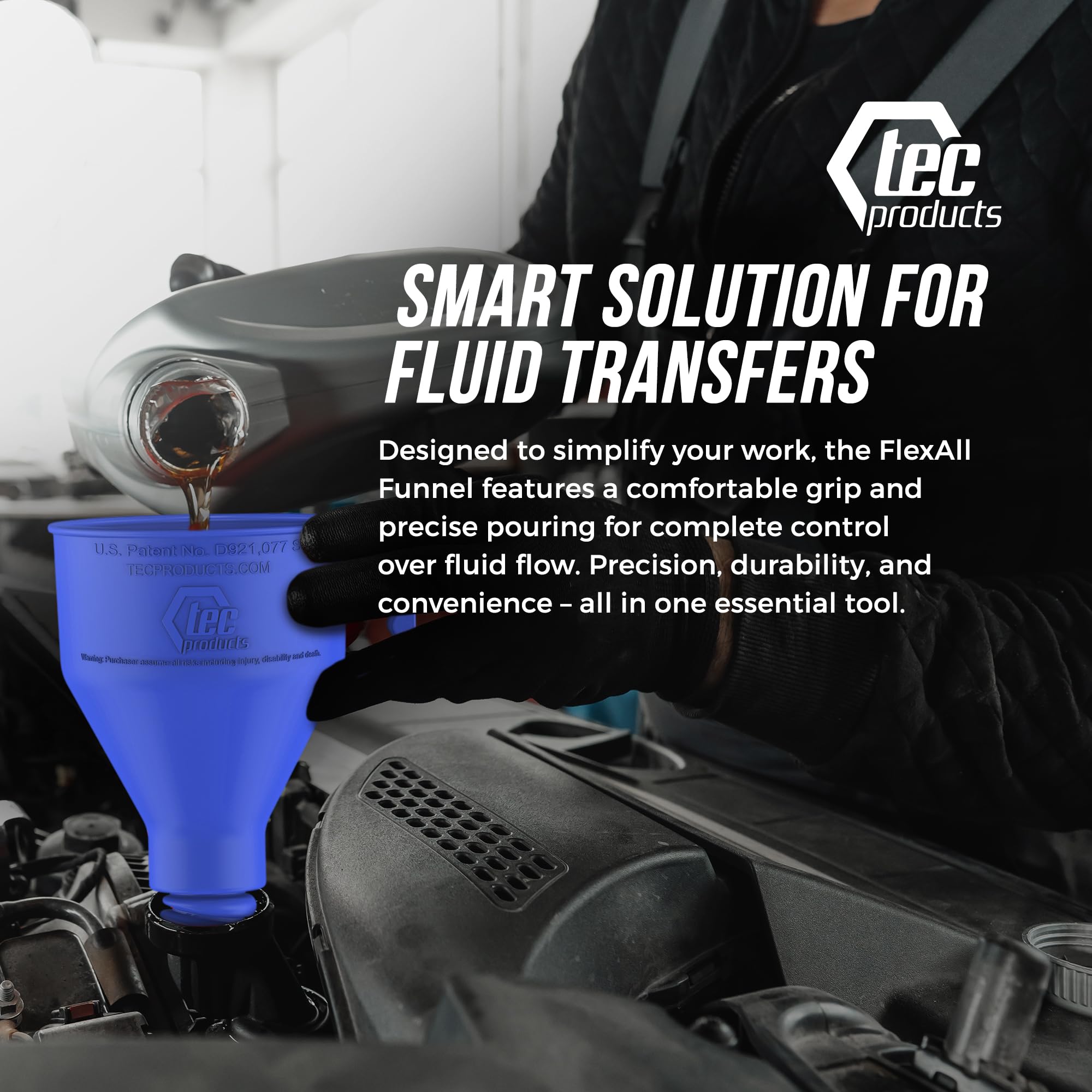 TEC Products FlexAll Embudos largos y flexibles, embudo de aceite automotriz con manguera, goma de nitrilo duradera para cambio de aceite, líquido de transmisión, diésel, combustible, gas, fabricado