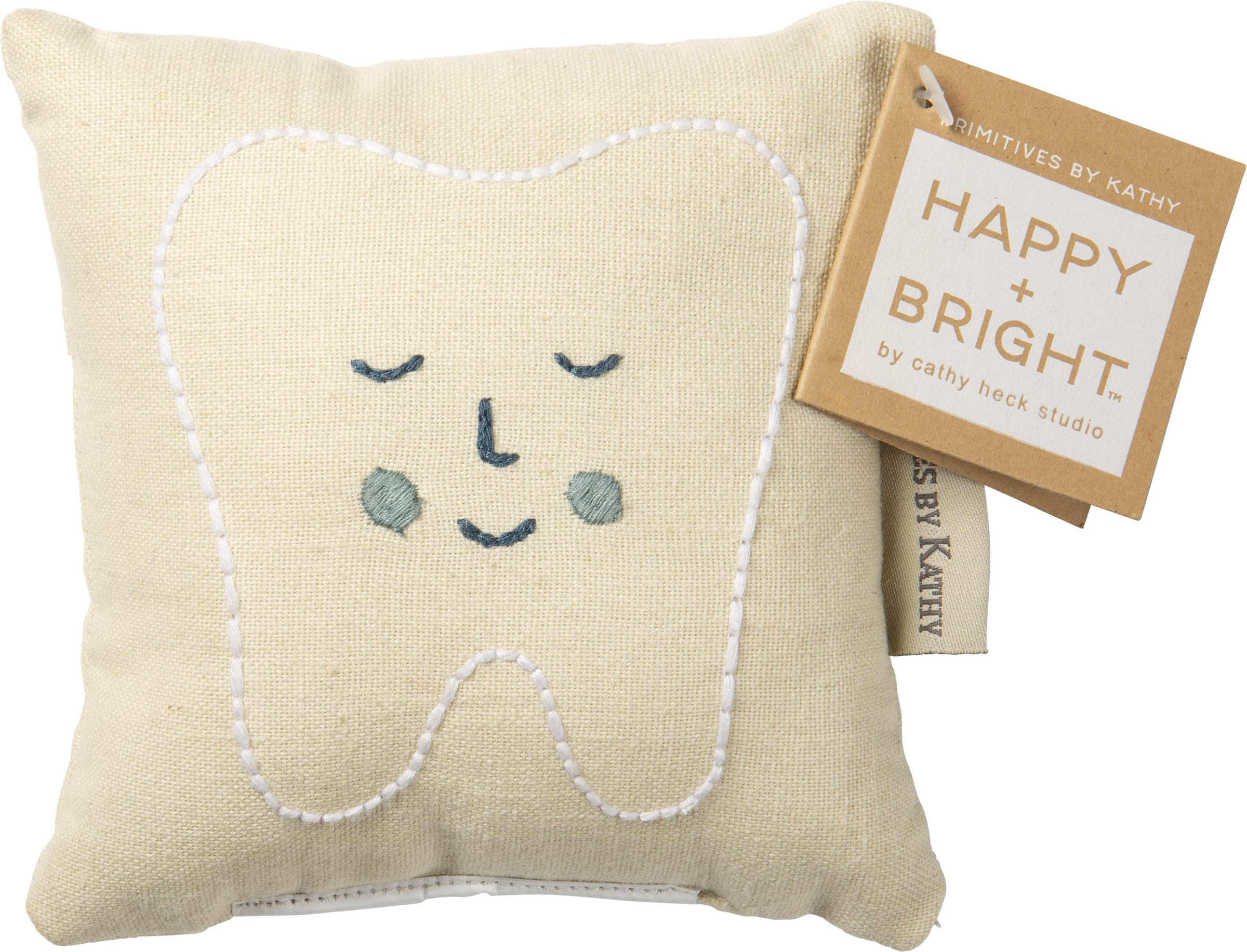 Primitives by Kathy Dear Tooth Fairy Stop Here Mini Tooth Pillow, 5x5-Inch, Cotton Blend, Blue Embroidered Keepsake with Storage Pocket and Tooth Design on Front