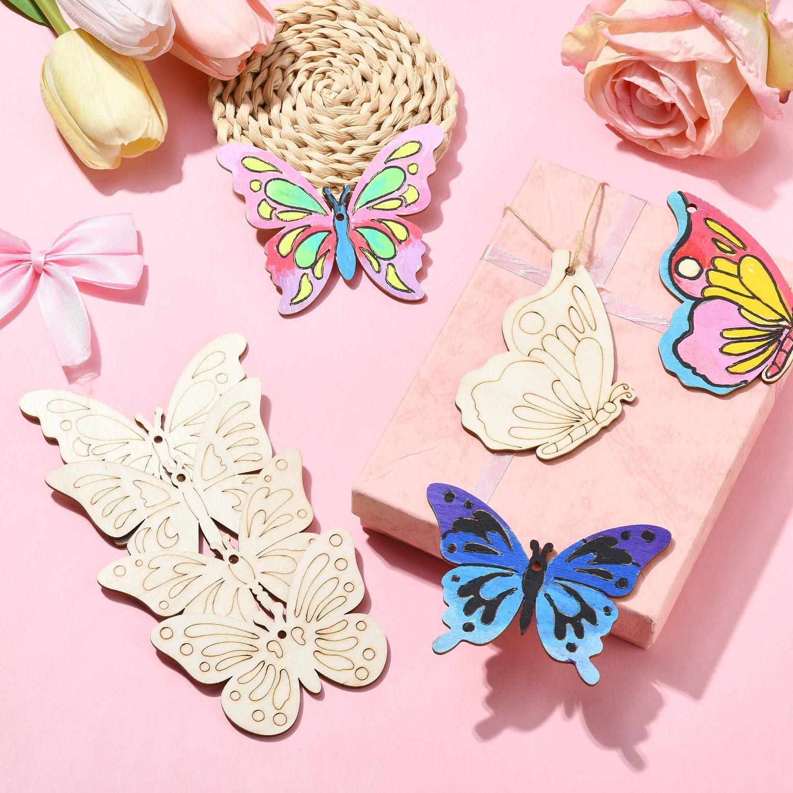 GJKLO 20 Stück Holz Anhänger Zum Bemalen - Schmetterlinge & Pilze Aus Naturholz Für DIY Bastelprojekte