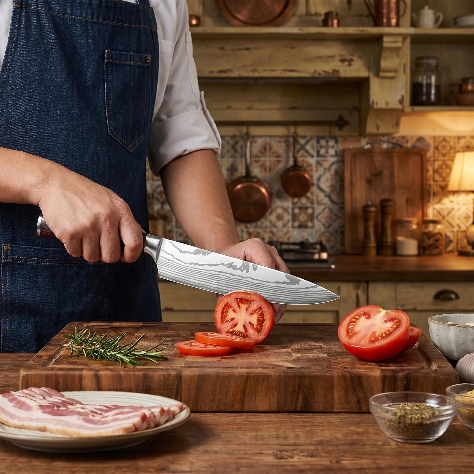 MDHAND Coltello da Cucina Coltello da Chef da 20 cm Coltello Professionale in Acciaio Inossidabile ad Alto Tenore di Carbonio Lama Extra Affilata, Coltello Multiuso