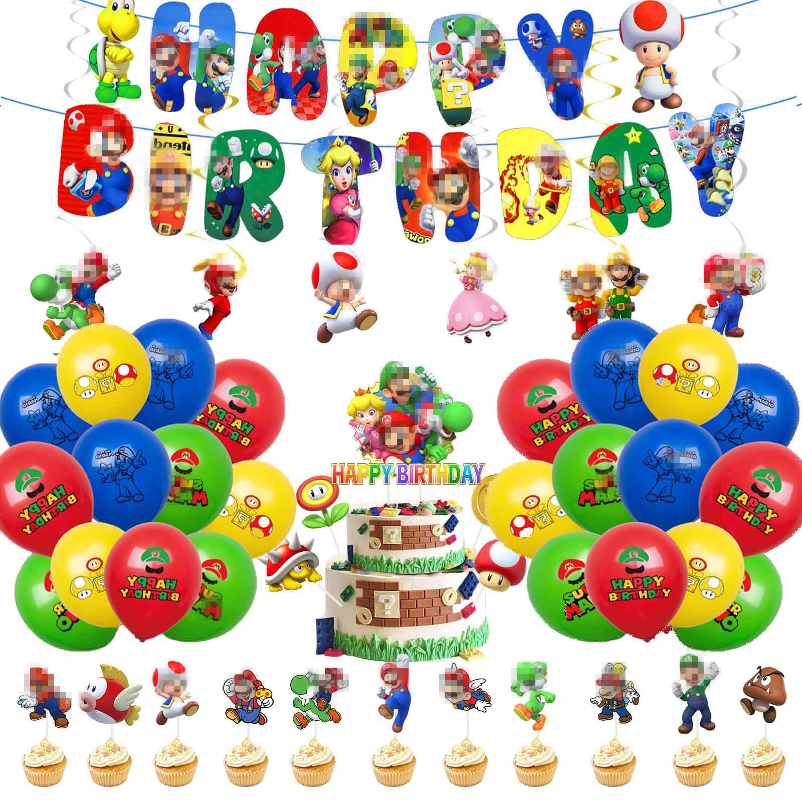 MLA Balloon Super Birthday Decorations Bros- Boys Girls Party Decorations Haing Swirls Foil Balloons Happy Birthday Banner Cake Toppers Party Balloons for Kids Theme Party Supplies Decorations