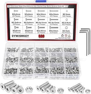 600 PCS Metric M2 M2.5 M3, 304 Stainless Steel Flat Head Countersunk Socket Cap Bolts Screws Nuts Assortment Kit with Hex Wrenches