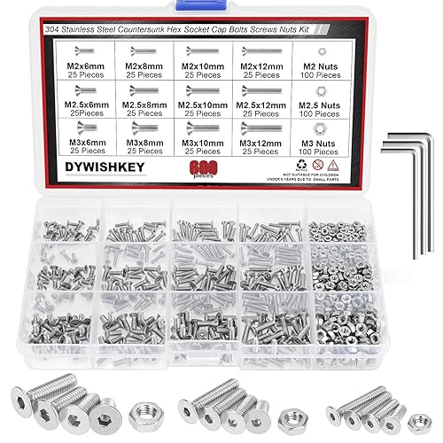 DYWISHKEY 600 piezas métricas M2 M25 M3 acero inoxidable 304 cabeza plana avellanada kit surtido de tornillos y tuercas con llaves hexagonales