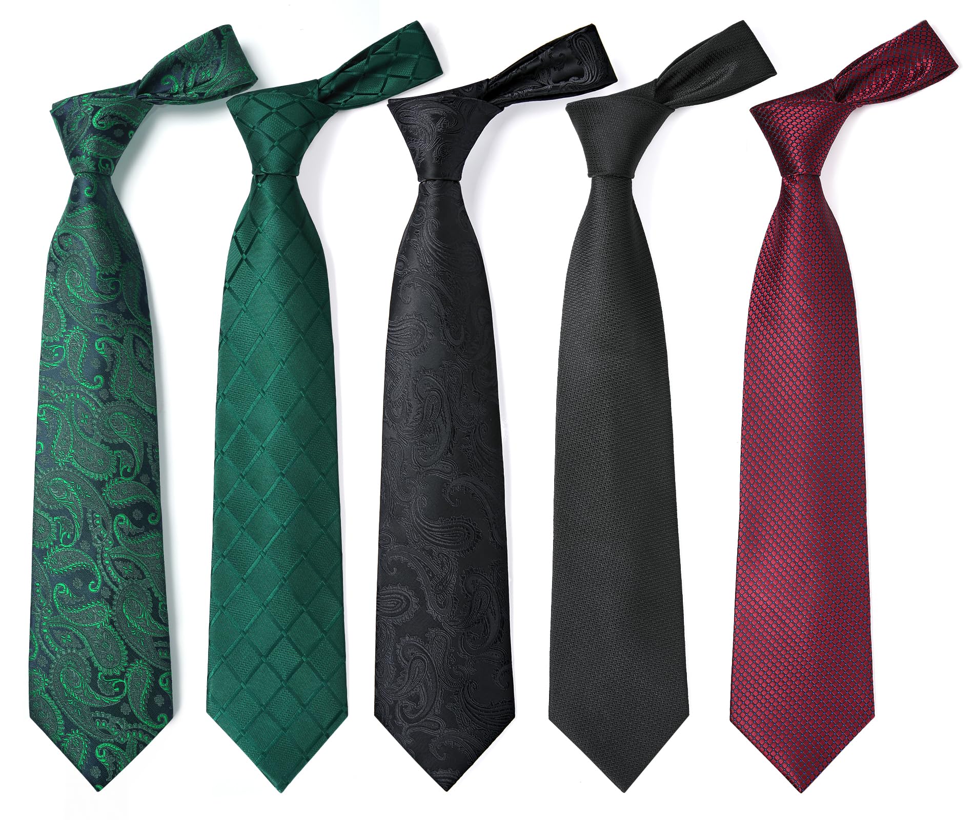 HISDERN Set 5 PCS Cravatta Uomo - Tinta Unita, Pois, Quadri, Righe - Fazzoletto Incluso - Per Festa e Matrimonio