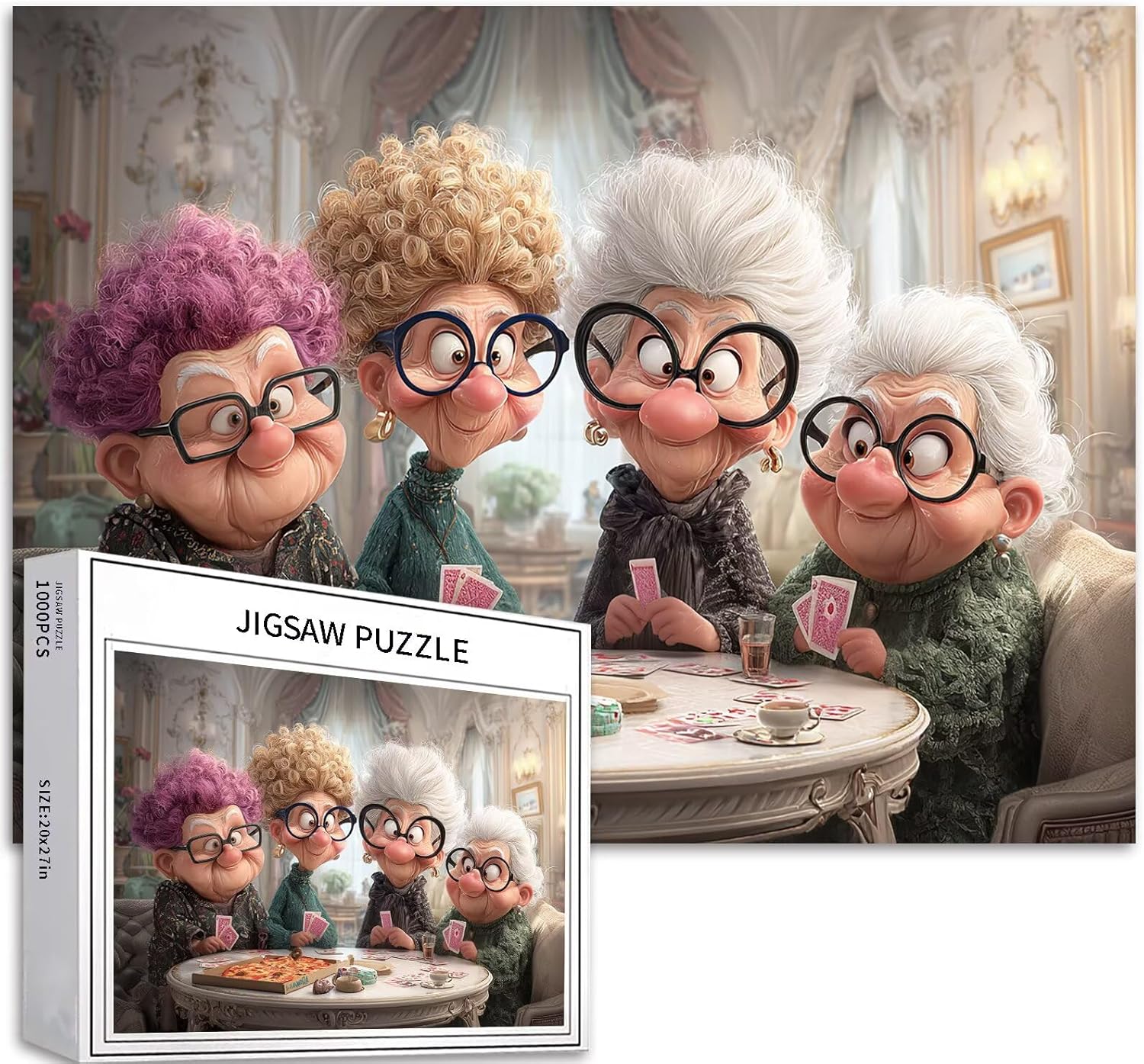 Four Old Ladies Playing Cards 1000 Piece Jigsaw Puzzles for Adults Social Atmosphere Art Jigsaw Challenging Family Activity Games Colorful DIY Craft Puzzle for Home Decor Gifts 27×20 Inches