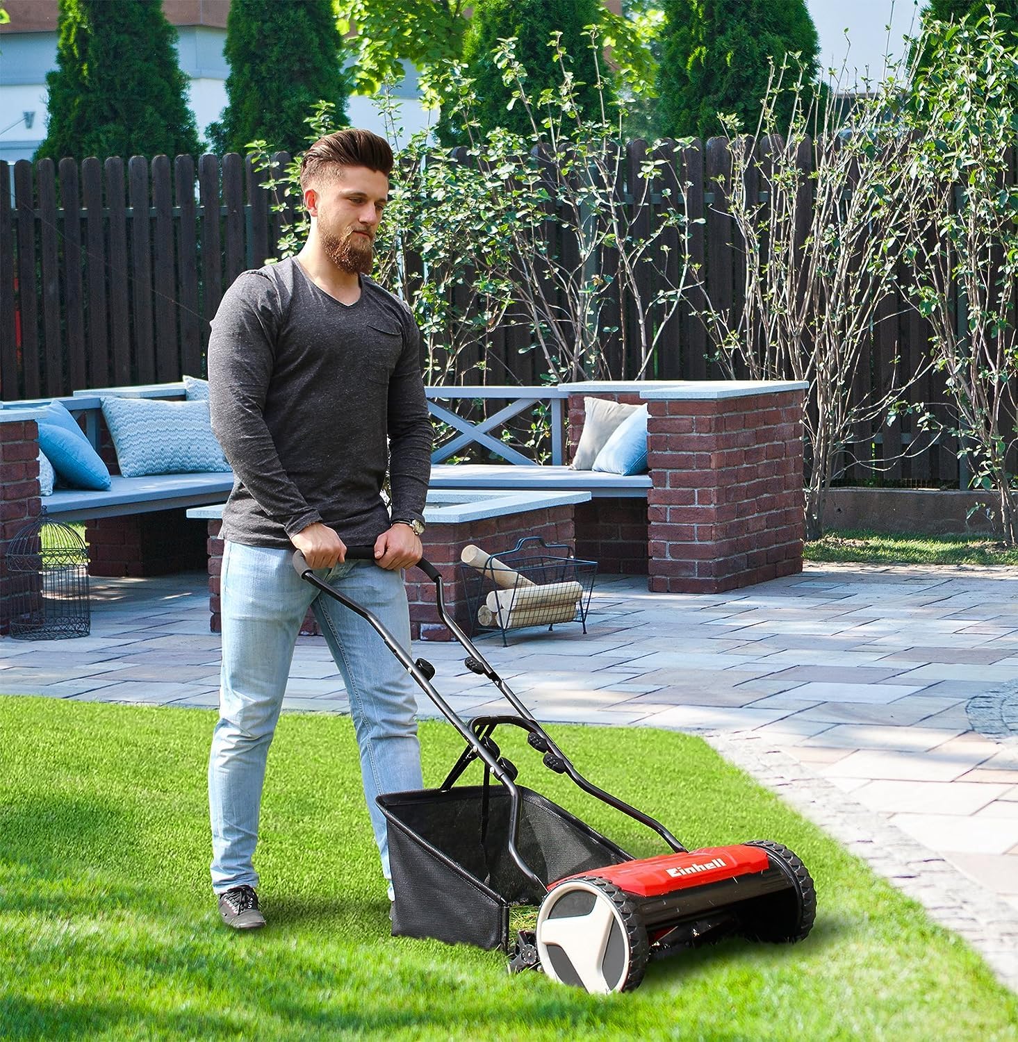 Einhell GE-HM 38 S-F Taglia Erba a Spinta Con 5 Coltelli, Rosso Nero