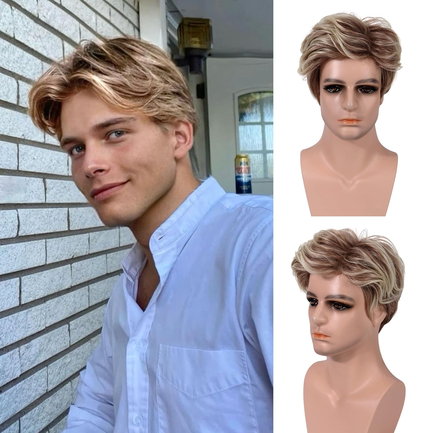 Short Brown Wig for Men Layered Cut Wavy Fluffy Hair Wig with Bangs for Men Highlight Short Wig Natural Looking Synthetic Wigs for Daily Use Brown Mix Gold (M610) 610-BROWN MIX GOLD