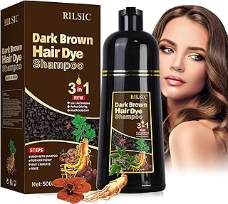 RILSIC Instant Dark Brown Hair Dye Shampoo 3 IN 1, Herbal Ingredients Hair Color Shampoo for Women Men - 100% Grey Coverag...