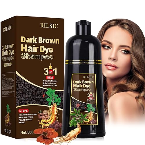 RILSIC Champú instantáneo de tinte para el cabello castaño oscuro 3 en 1, champú de color de cabello con ingredientes herbarios para mujeres y