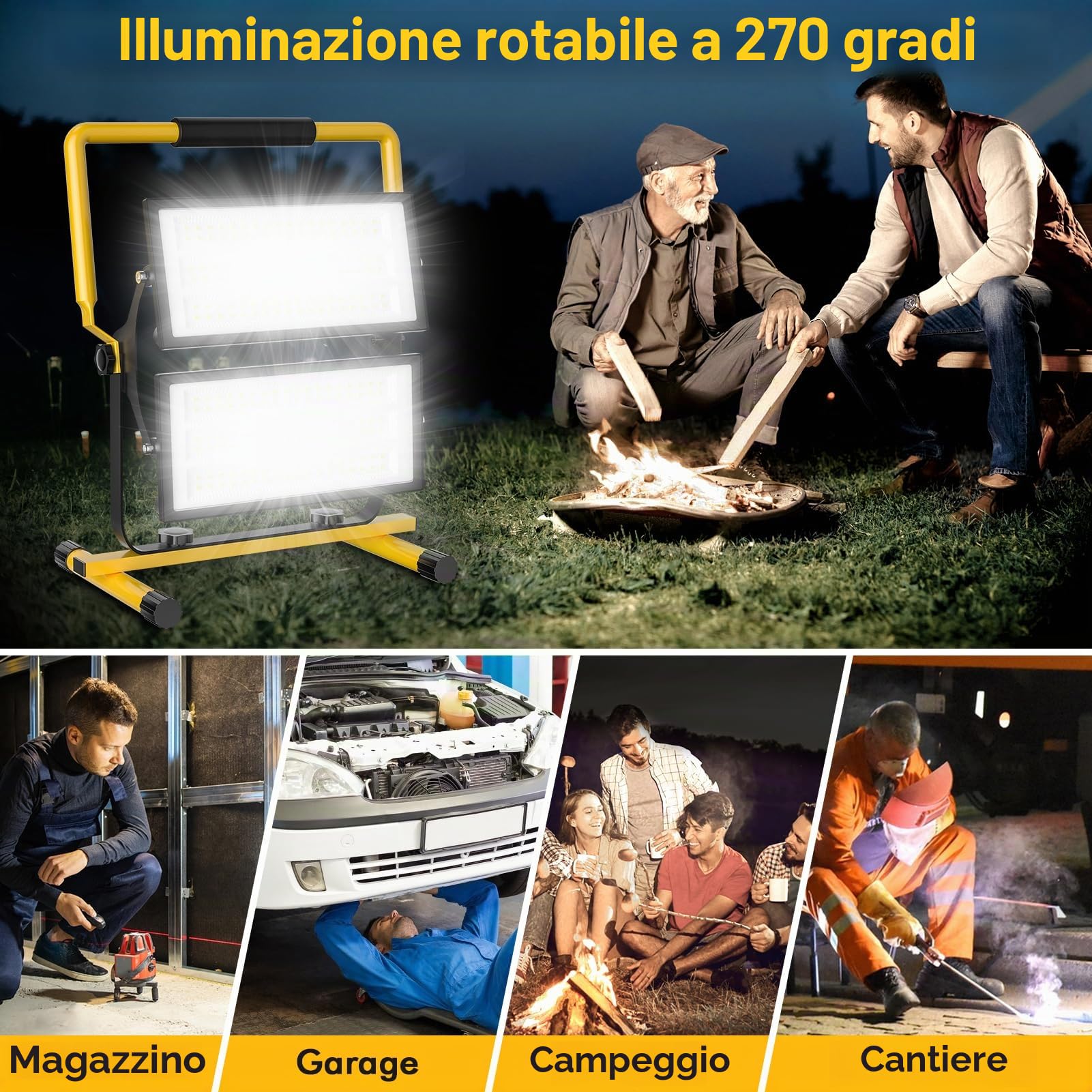 Viugreum Faretto da Cantiere 200W, 22000LM Faro LED da Cantiere Portatile, Luce Bianca 6500K Faretto da Cantiere con Cavo 3m, Rotazione 360°, IP66 Impermeabile Faretto Lavoro per Edilizia,Officina
