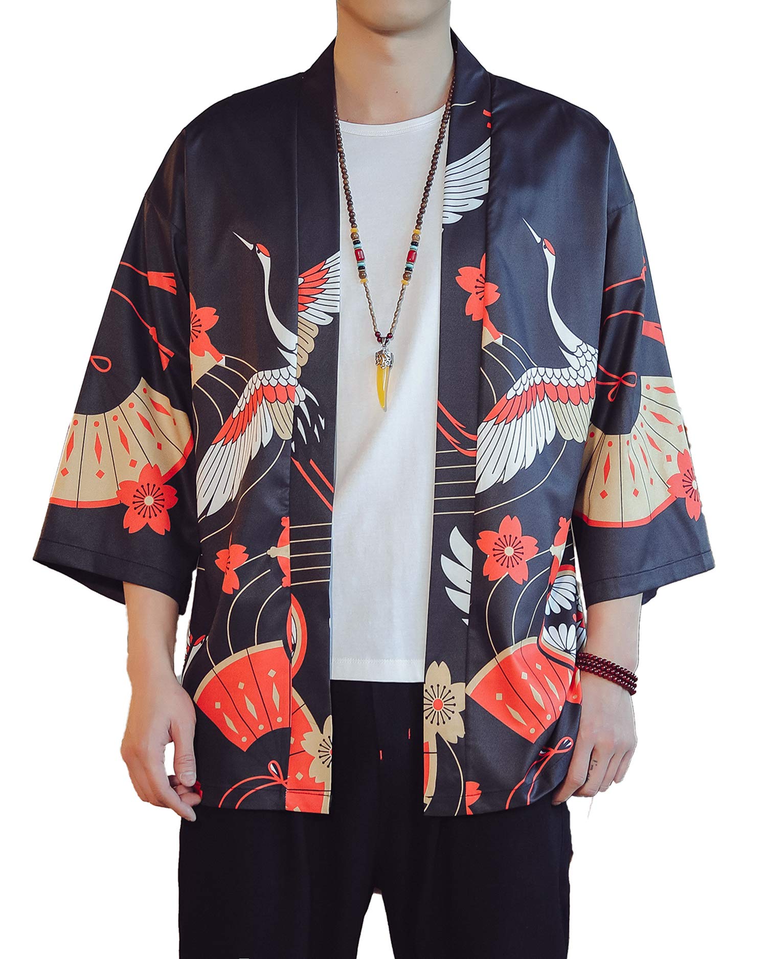 prijouhe Men's Lightweight Kimono Jacket Seven Sleeve Open Front Cardigan Coat Japanese Style Bathrobe-picture-13