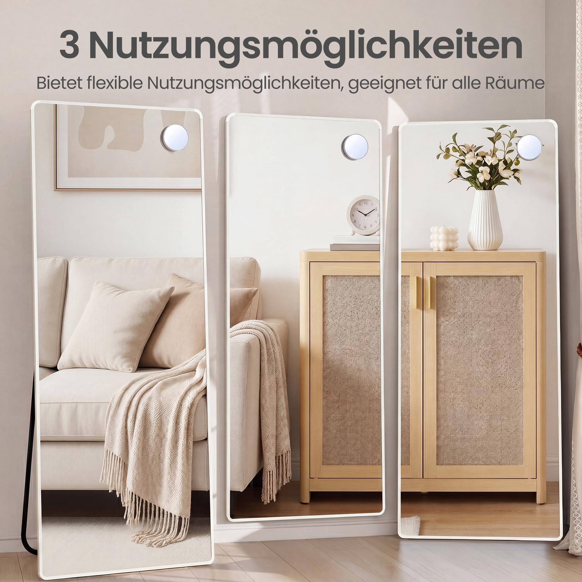SONGMICS Ganzkörperspiegel, 160 x 50 cm, rechteckiger Standspiegel, mit Vergrößerungsspiegel, Rahmen aus Aluminiumlegierung, Hartglas, für Schlafzimmer, Wohnzimmer, Garderobe, mattweiß LFM030WC02