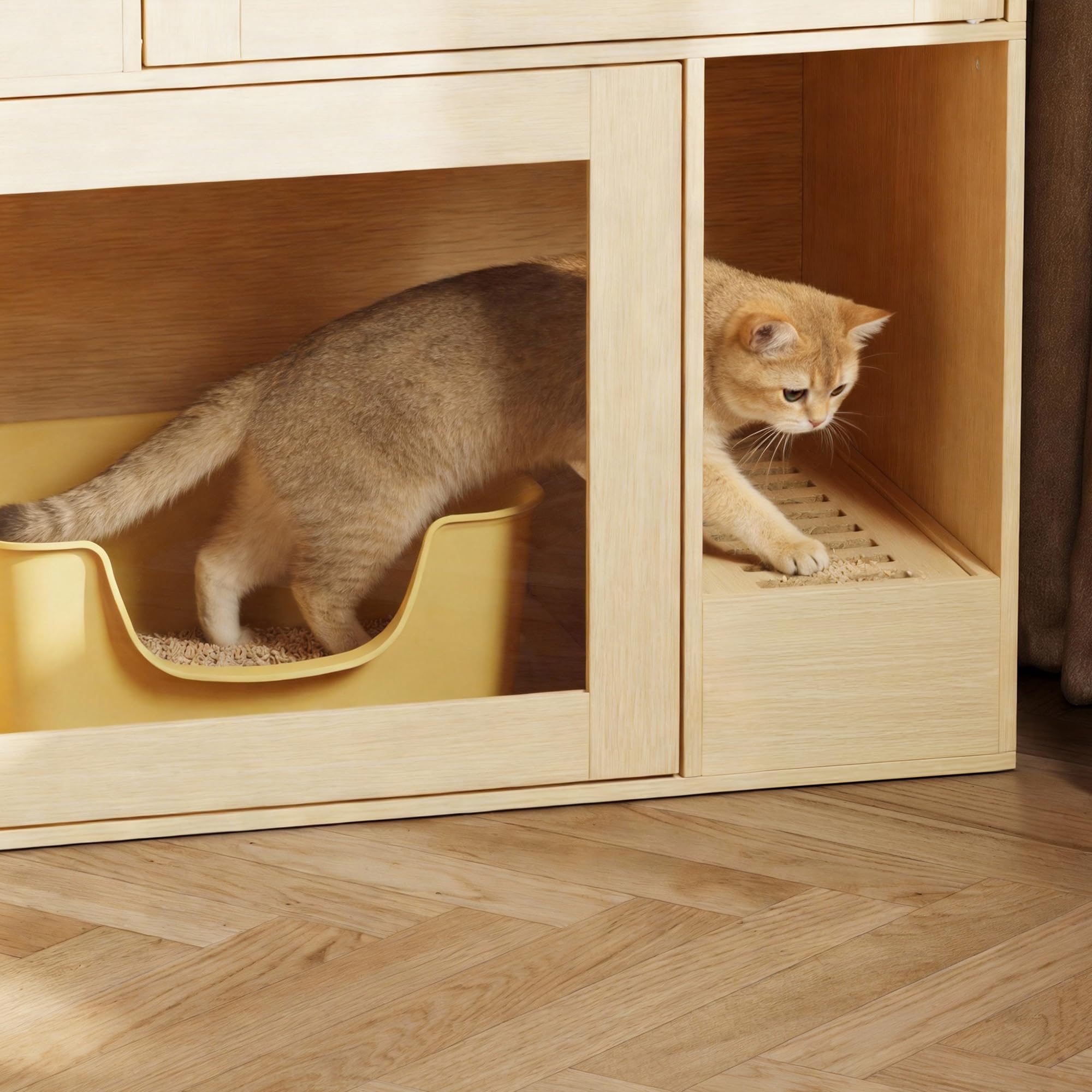 Armario para arenero de gato de 3 niveles con cajón y puerta & entrada, 3 en 1 casa para gatos arenero mesa auxiliar, armario para arenero de gato cómoda para gatos, cueva para mascotas, color madera