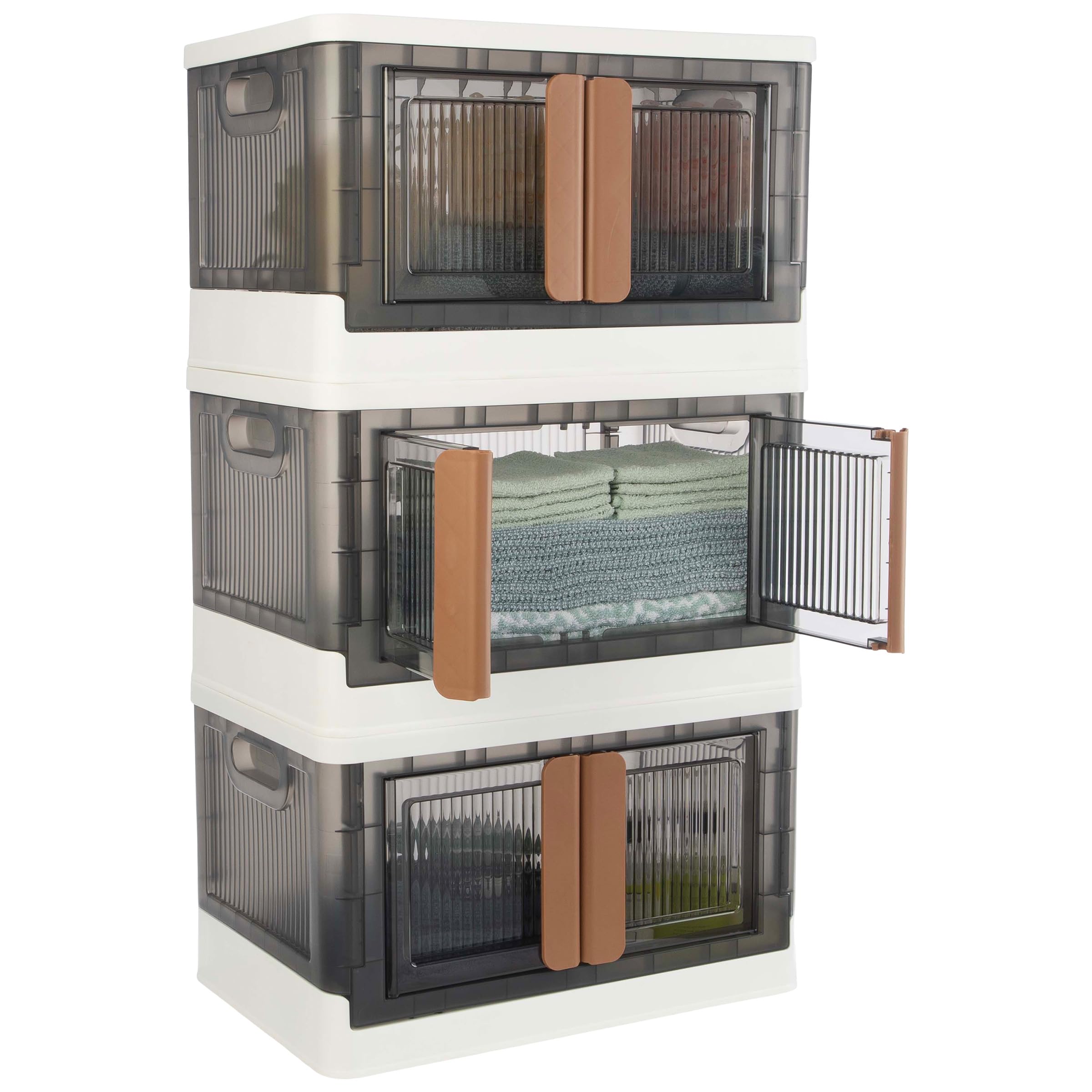 Set of 3 Collapsible Storage Bins - 8.4 Gal Capacity Organizers with Lids, Double Doors, and Wheels - Stackable Storage Containers by Home-Complete