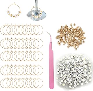 Wine Glass Charms 50 Set Personalized Rings 500 Letters Beads 100 Golden Beads 50 Tone Hoops 1 Tweezer Wine Glass Markers