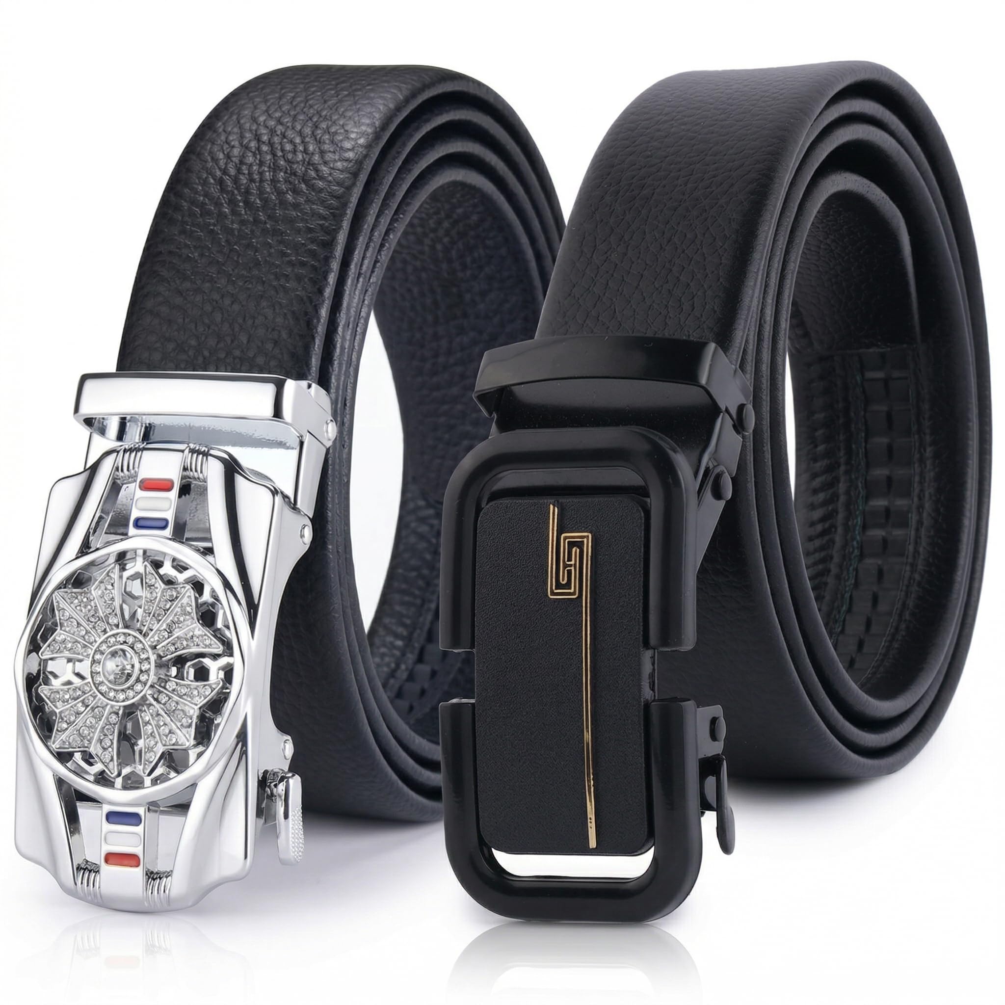 Men's Autolock Premium Silver Spinning Wheel & Sleek Black Matte Buckle Belt Combo (Pack of 2)-image-1