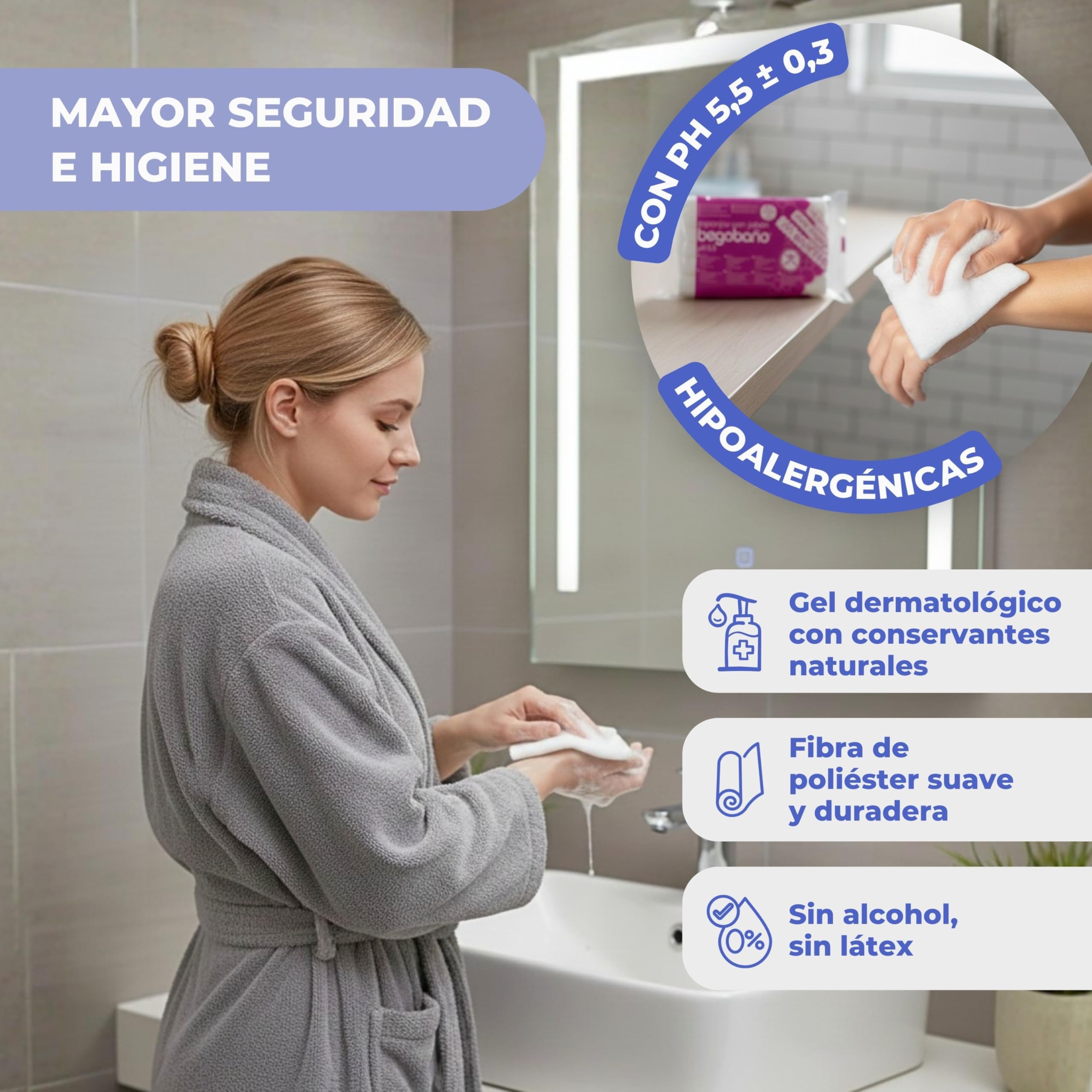 Begobaño Jednorazowa gąbka mydlana bez rozjaśniania. Jednorazowa gąbka do kąpieli z żelem dermatologicznym i hipoalergicznym. 10 sztuk