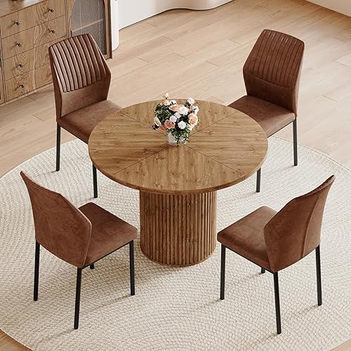 Miniatura 2 de Juego de mesa de comedor redonda para mesa de comedor de madera acanalada de 4,42 pulgadas para 4 con pedestal cilíndrico, juego de mesa y sillas de