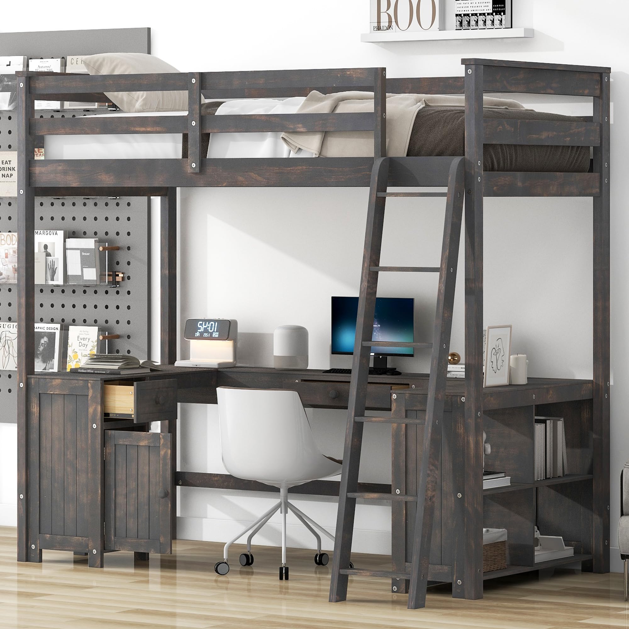 Wekuku Twin Size Loft Bed with U-Shaped Desk, Drawers & Storage Shelves-Antique Brown Space-Saving Bedroom for Kids/Teens (1 Drawer + 1 Shelf)