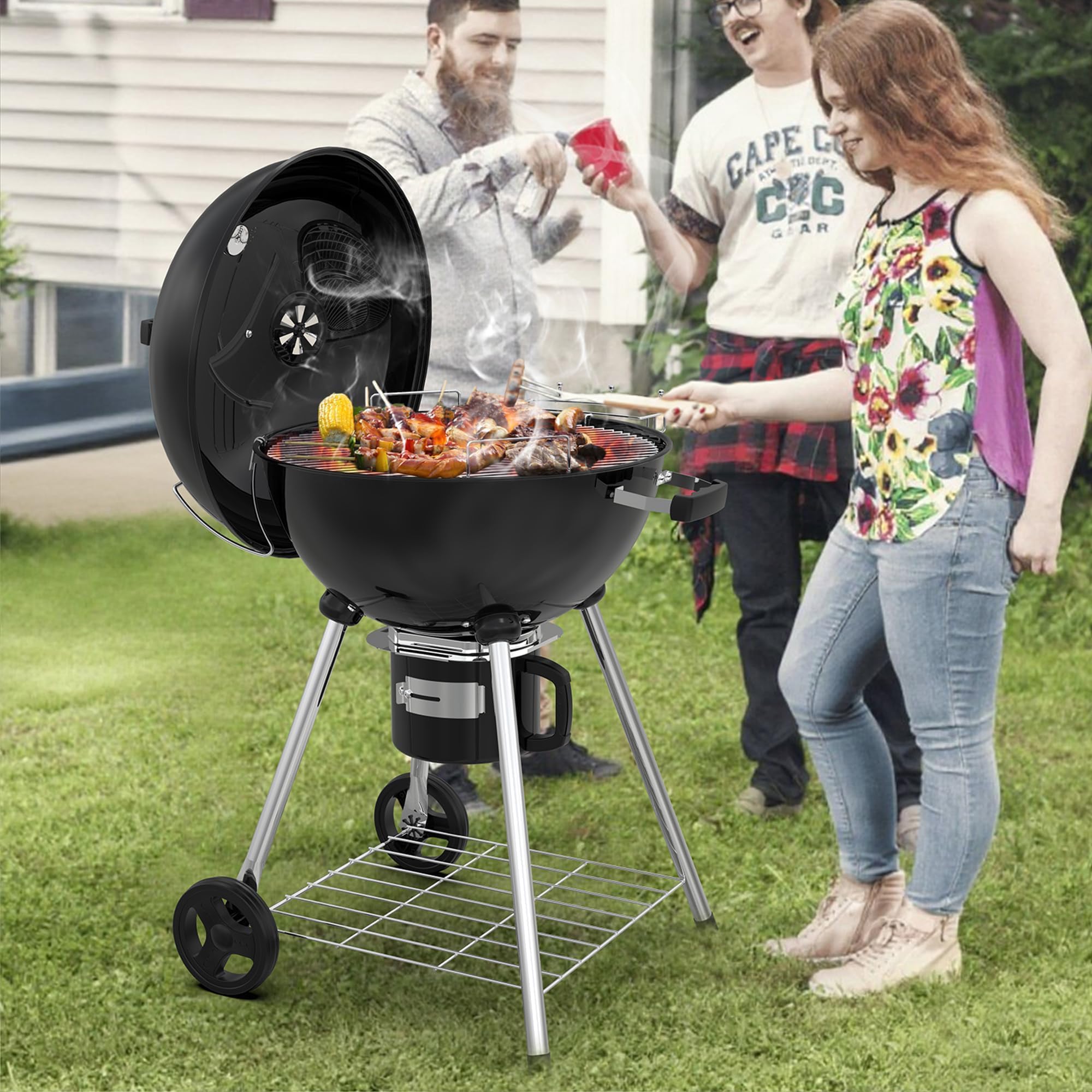 TEENO Barbecue Charbon de Bois 21 Inch Compact Kettle Round XXXL Grande Taille Ronde Portable Amovible Convient à 10-20 Personnes 105.5x71x83cm