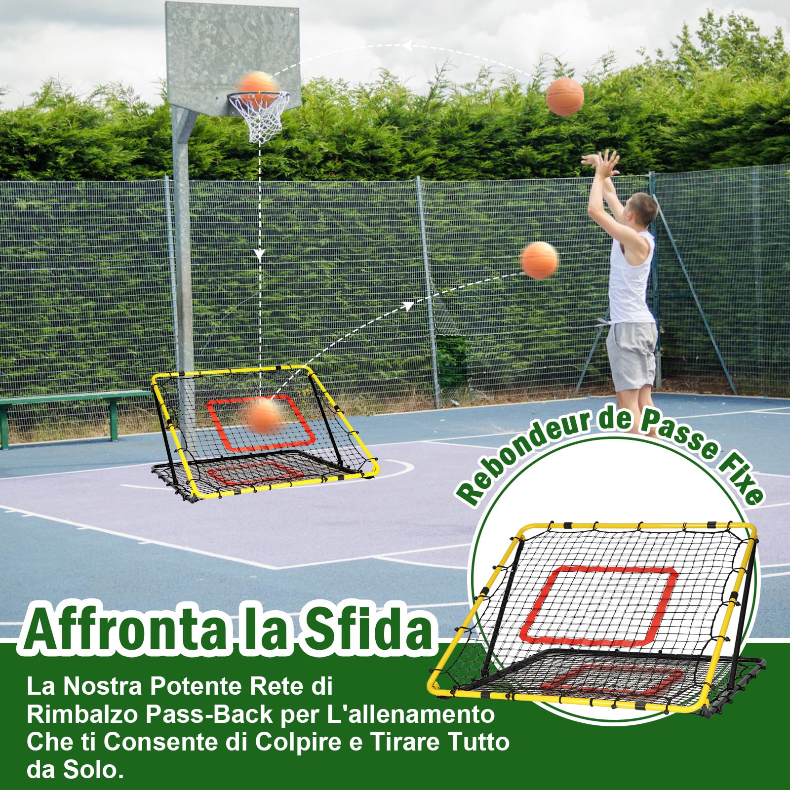 Rete Rimbalzo Calcio Pieghevole, 120 x 120cm Reti da Rimbalzo per Pallavolo, Rete PE a Doppio Strato, Angolo Regolabile, Formazione Sulle Competenze per Calcio, Pallavolo e Pallacanestro