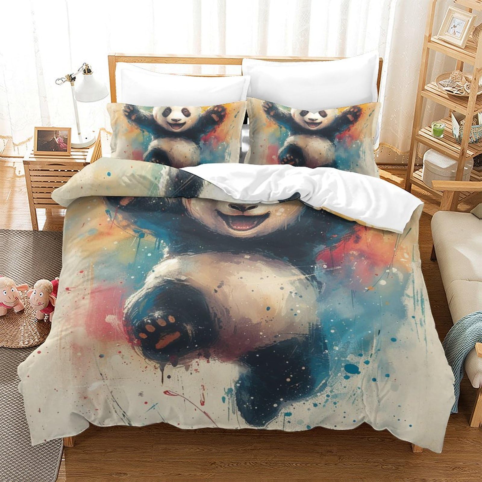 Housses de couettes 3 pièces Panda avec taies d'oreiller King 220x240cm microfibre respirante
