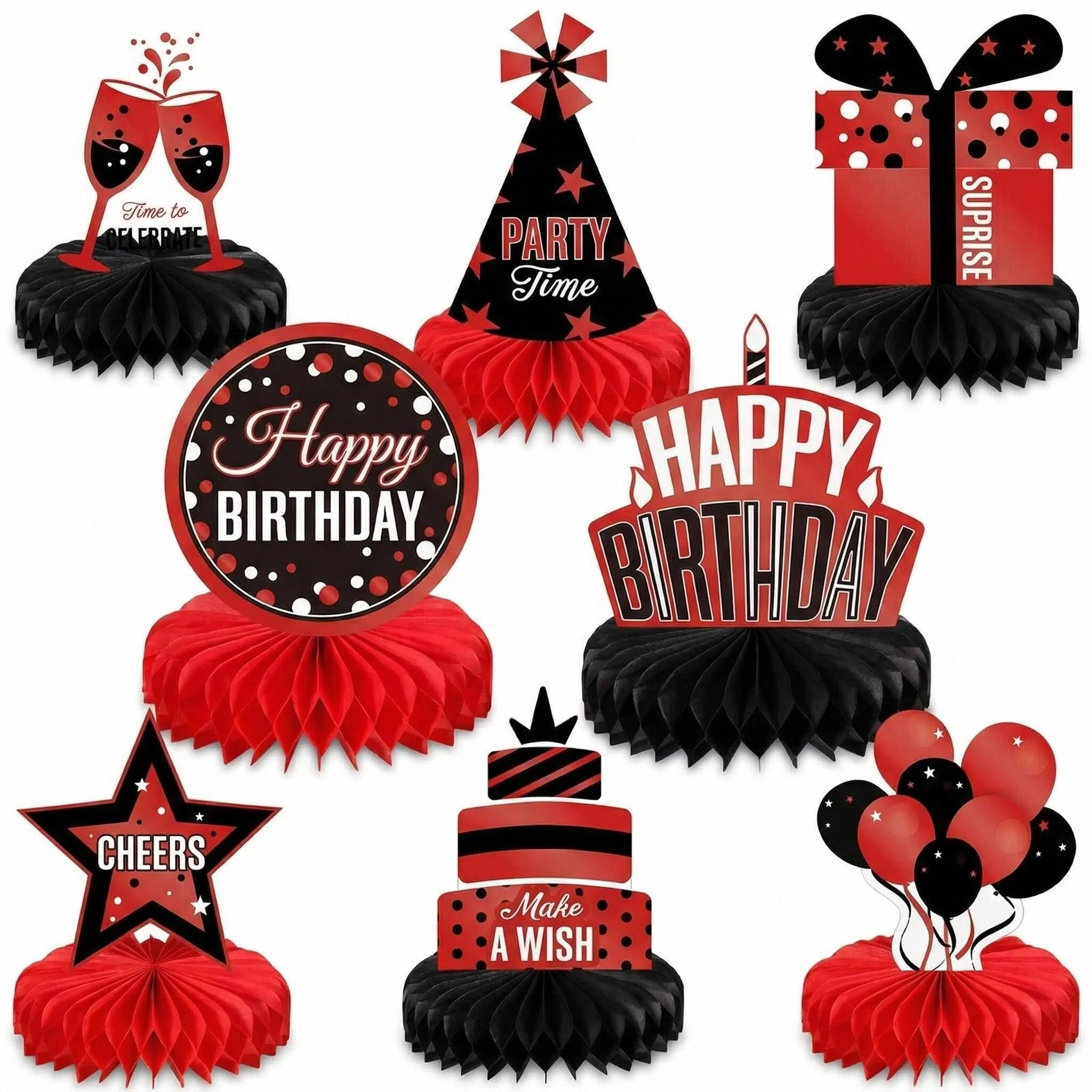 8 Pcs Red and Black Birthday Honeycomb Centerpieces, Paper Table Decorations with Adhesive Strips for Birthday Party, Honeycomb Balls, Birthday Table Decorations