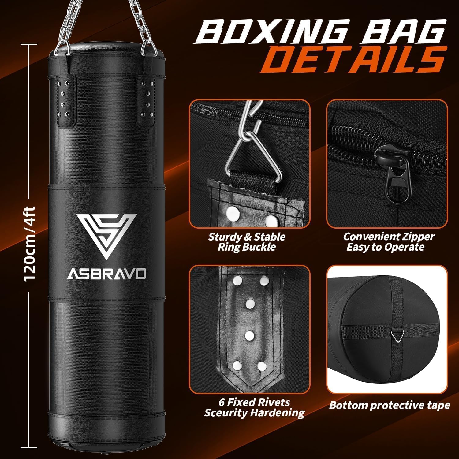 Boxsack Set für Erwachsene, 120cm schwere Boxsack mit 12oz Handschuhen, 5m Handverpackungen für MMA Karate Kickboxing Boxen Home Gym Training - Ungefüllt