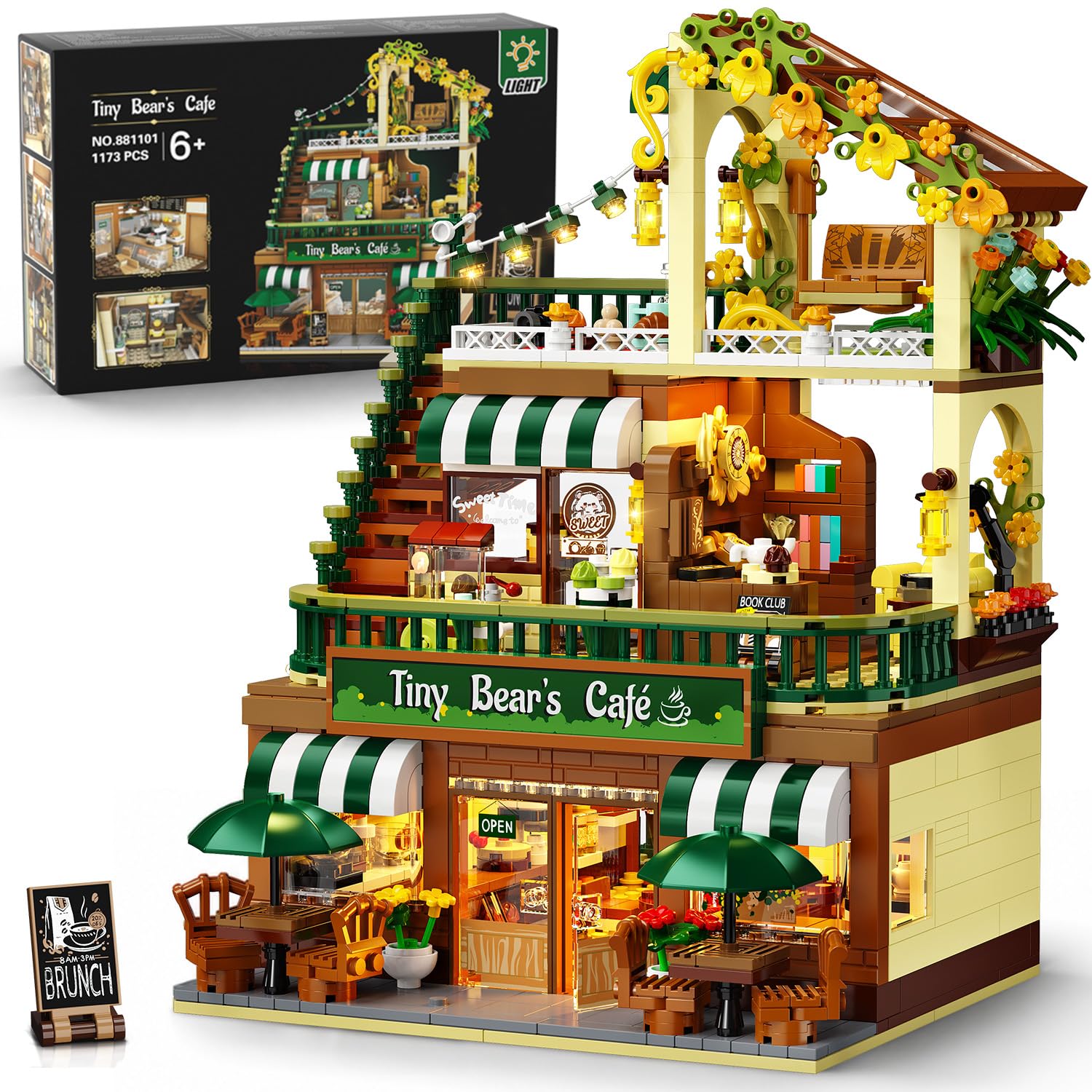 INSOON City Café con Luz, Kit de Construcción para Adultos y Jóvenes 8+ | Cafetería con panadería, terraza y mostrador de pedidos, maqueta de edificio urbano para niños, niñas y jóvenes desde 8 años