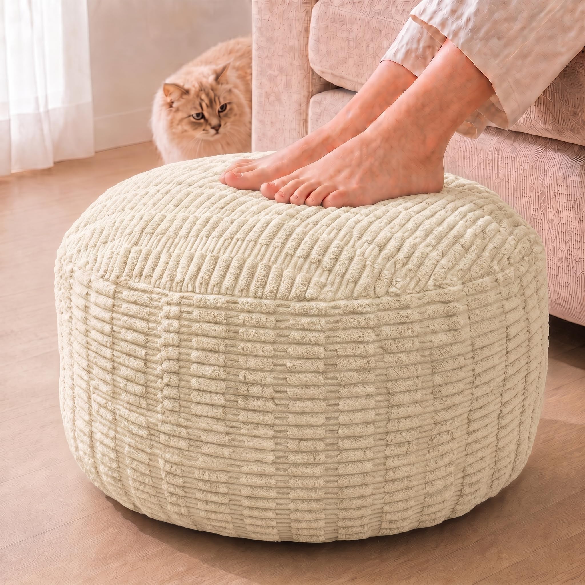 Round Pouf Ottoman, Ivory, 28"x14", Corduroy Foot Rest
