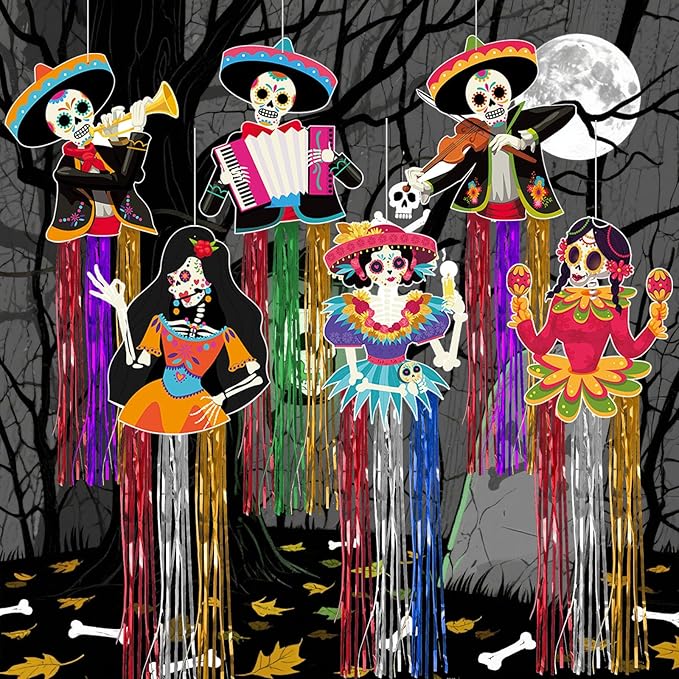 6Pcs Day of The Dead Sugar Skull Hanging Decor Outdoor Dia De Los Muertos Hanging Decorations for Mexican Halloween Party Home Outdoor Decor