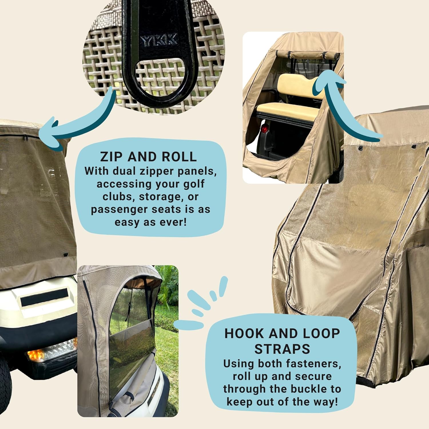 Formosa Covers | 2 + 2 Person Insect Shield Summer Golf Cart Driving Enclosure Cover (2 Front 2 Rear Passenger Short Roof 58") Breathable Textilene Mesh| Durable YKK Door Zipper | Taupe