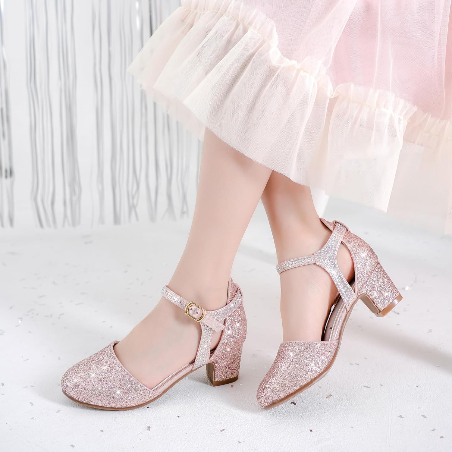 Girls Dress Shoes Closed Toe Chunky High Heels Ankle Strap Wedding Party Pump Shoes - Image 2