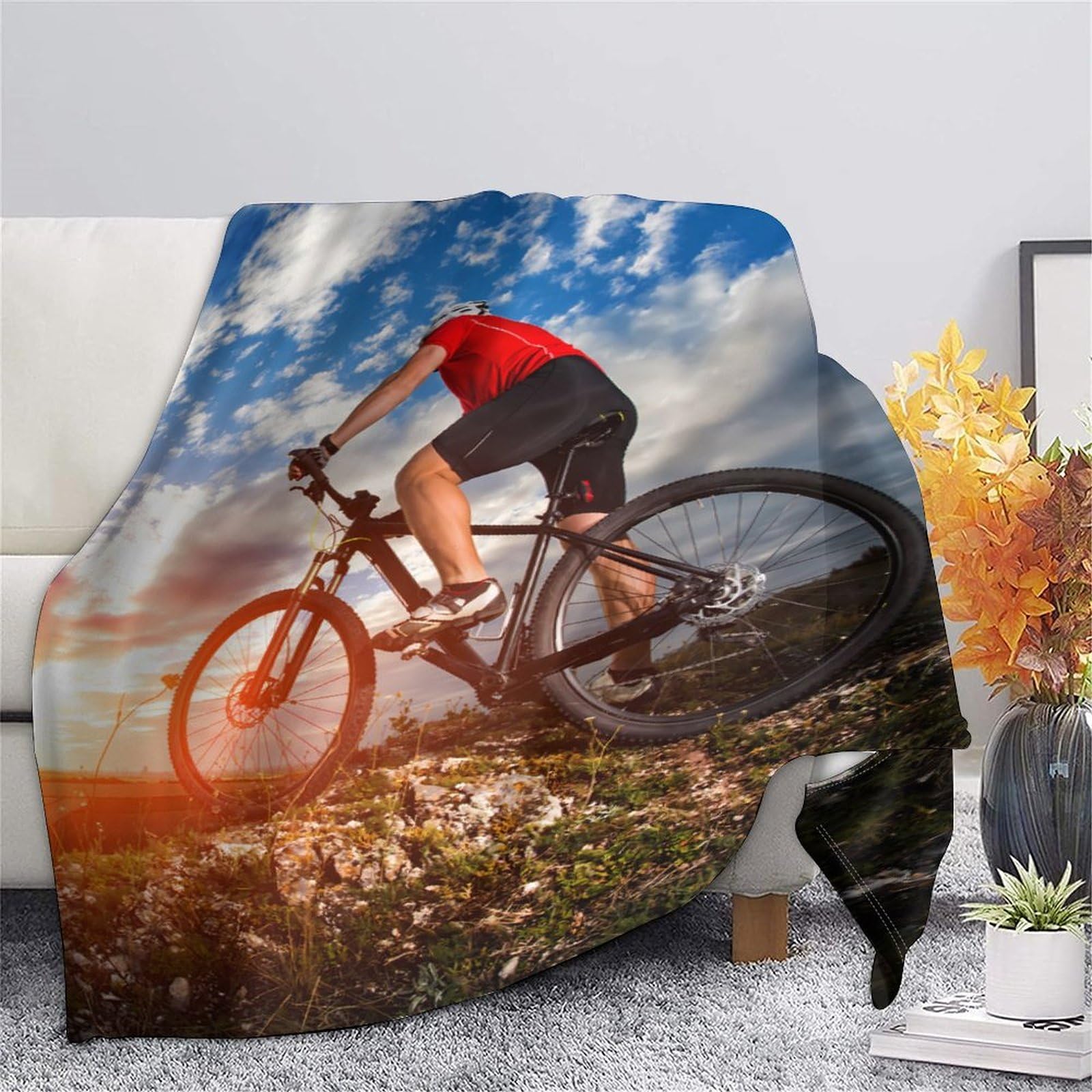 stampa 3D MountainBikeRider coperta microfibra biancheria da letto compatta e morbida coperta da viaggio leggera per studenti in trasferta OutdoorAdventureStyle 70×80inch(180x200cm)