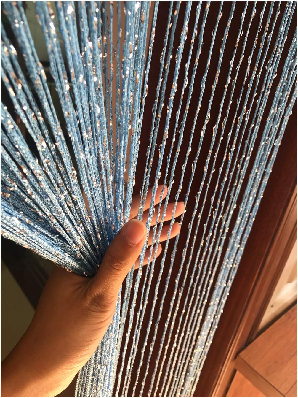 1x2 M Door String Curtain Rare Flat Silver Ribbon Thread Fringe Window Panel Room Divider Cute Strip Tassel for Wedding Coffee House Restaurant Parts, Sky Blue