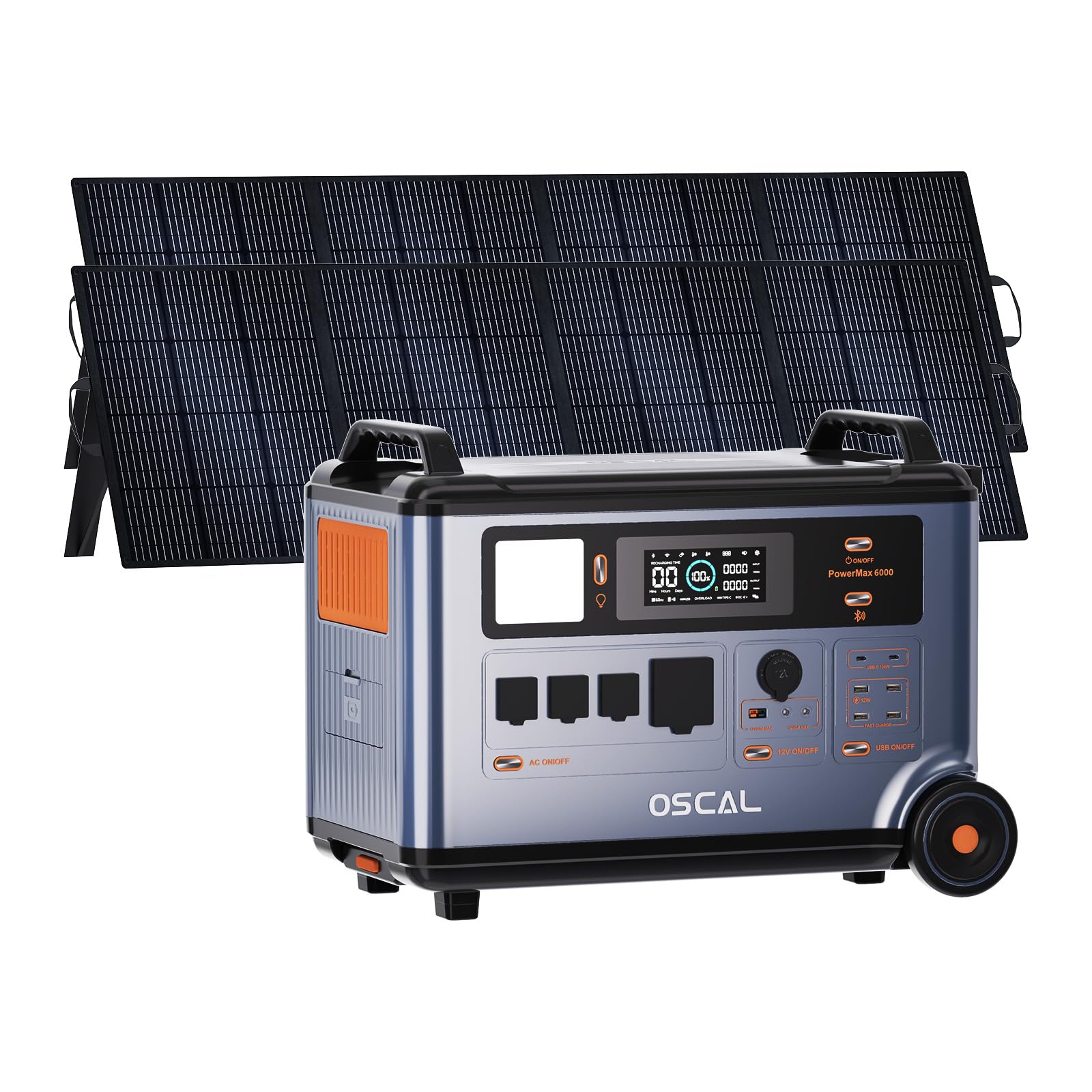 PowerMax 6000 Generador Solar 6000W (9000W Pico) con 2x Panel Solar 400W, 3600Wh Estación LiFePO4, Carga Rápida 2200W, UPS 5ms, 14 Salidas, Control APP, para Hogar, Jardín, Autocaravana