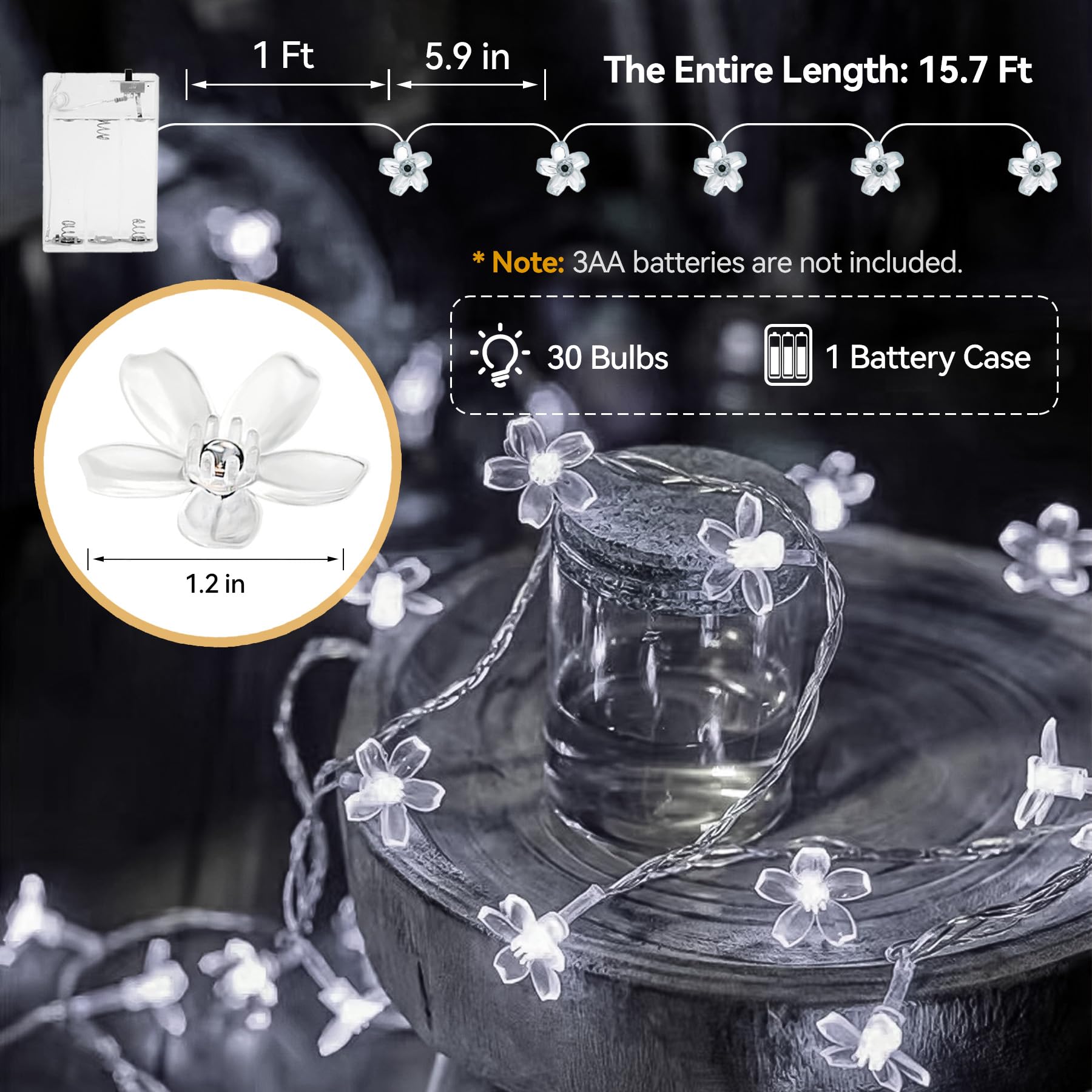 LIGHTOP Guirnalda de luces de hadas de flores para interiores, funciona con pilas, 30 luces LED de cerezo, decoración impermeable para camping, valla de jardín, cumpleaños, fiesta de boda, dormitorio