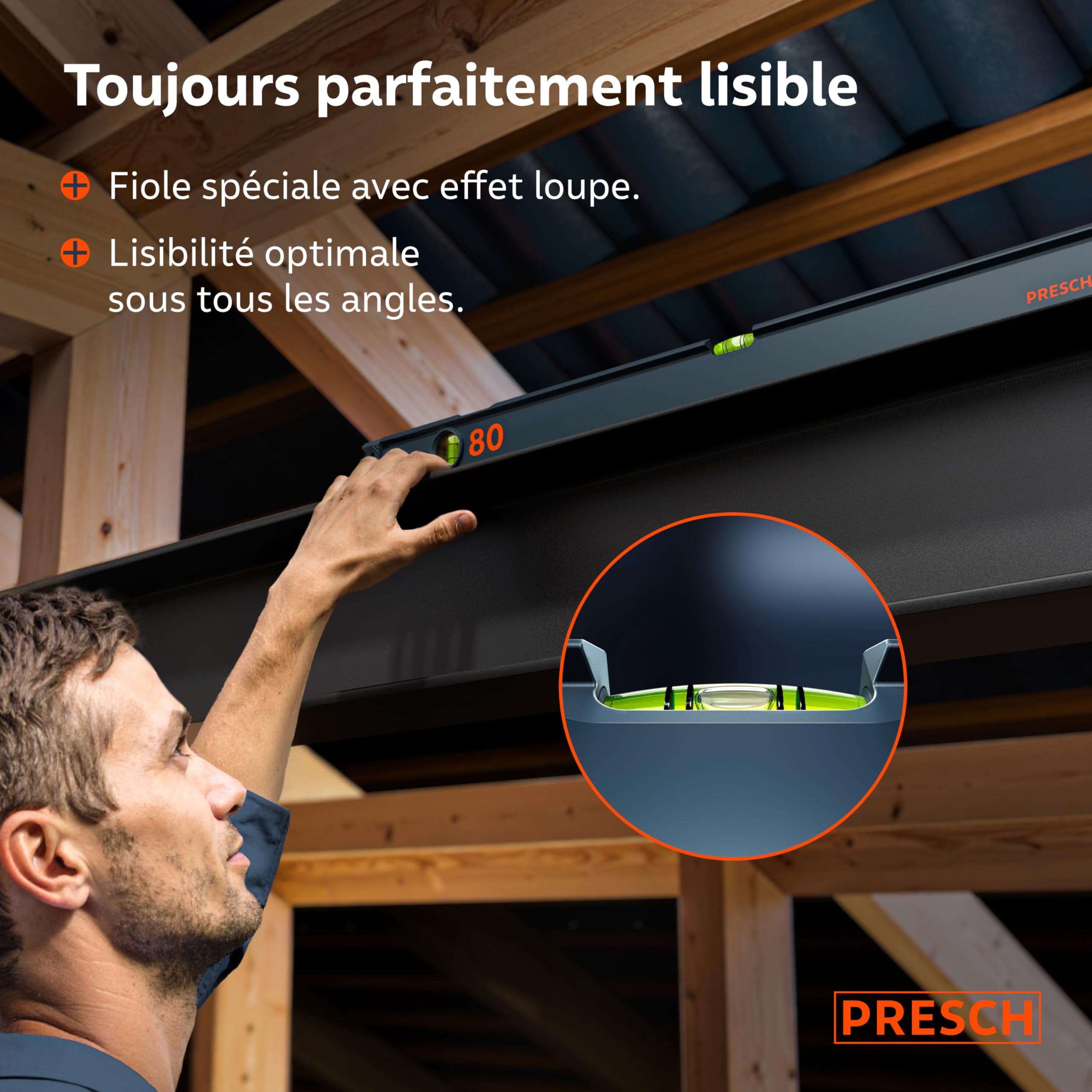 Presch Niveau à Bulle Magnétique 80cm - Fiole incassable avec pente 2% - Fenêtre de lecture verticale - Embouts antidérapants innovants - Surface de mesure précise
