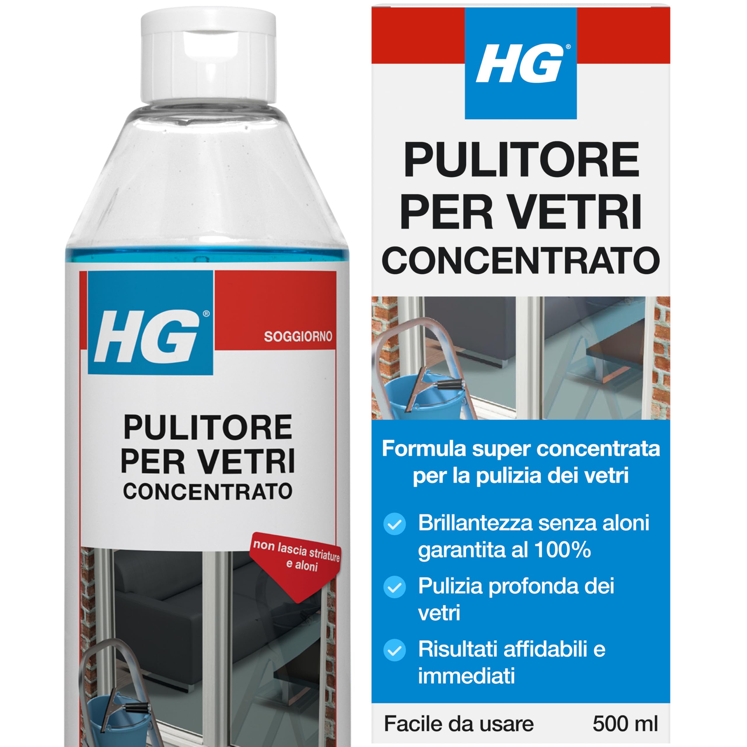 HG Detergente per Vetri, Formula Professionale Concentrata per una Lucentezza Senza Aloni, Utilizzabile su Porte Finestre, Finestre e Specchi 500ml (297050108)