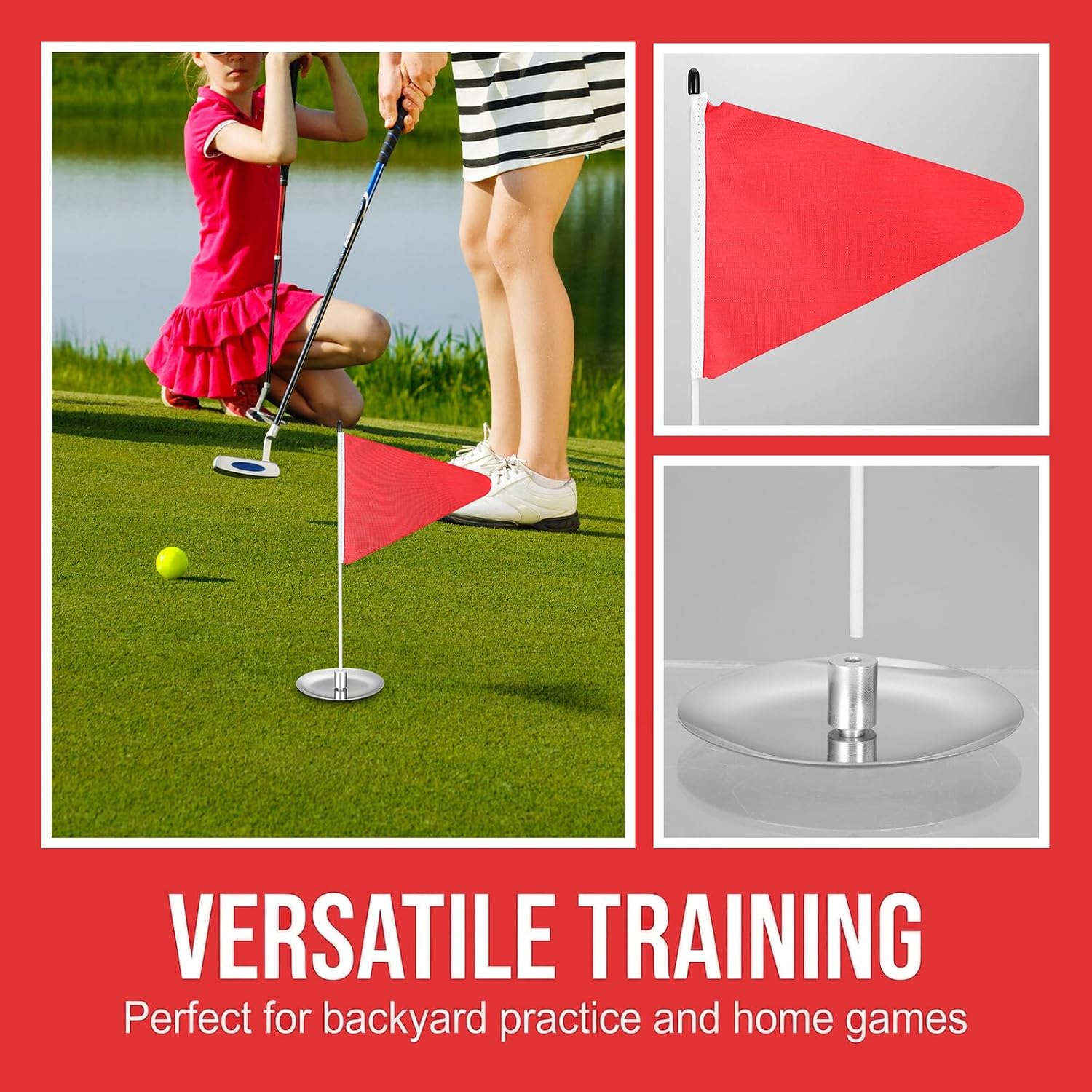 Kisangel Golf Training Flag and Stainless Steel Golf Hole Cup Set Small Pin Flags for Putting Practice for Targeting and Practice on Putting Surfaces