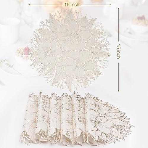 Miniatura 5 de Juego de 6 manteles individuales dorados y blancos, manteles individuales redondos de vinilo prensados con ciruelas y flores, lavables para mesa de