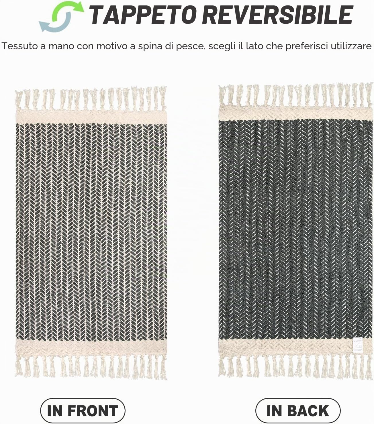 Tappeto Boho, in cotone tessuto, con nappe, lavabile, stile rustico, bianco e nero, tappeto corto (Nero, 60 x 180 cm)